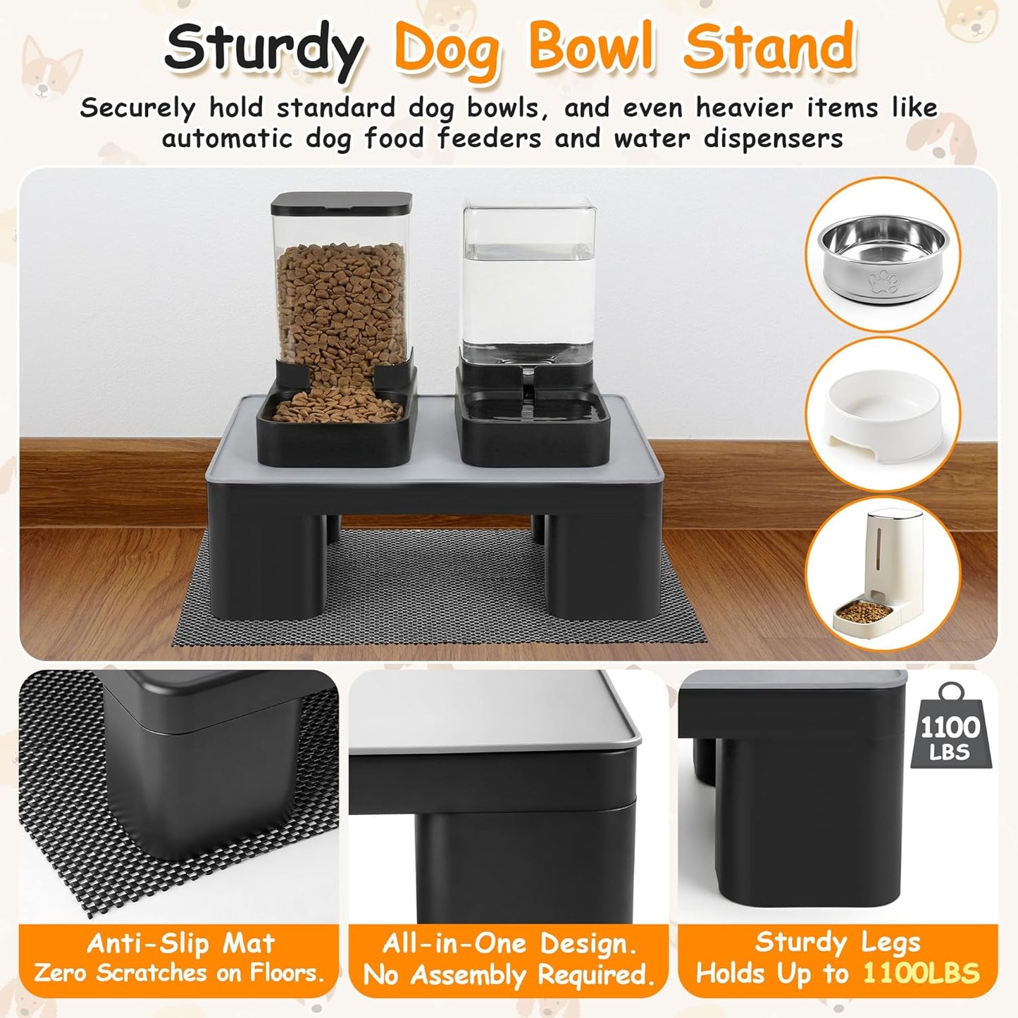 Upgraded Elevated Dog Bowl Stand and 100% Waterproof & Non-Slip Mat, Raised Bowl Stand for Small Medium Dogs, Easy-Clean Silicone Pet Food Mat- Neck Strain Relief & Protect Your Floors