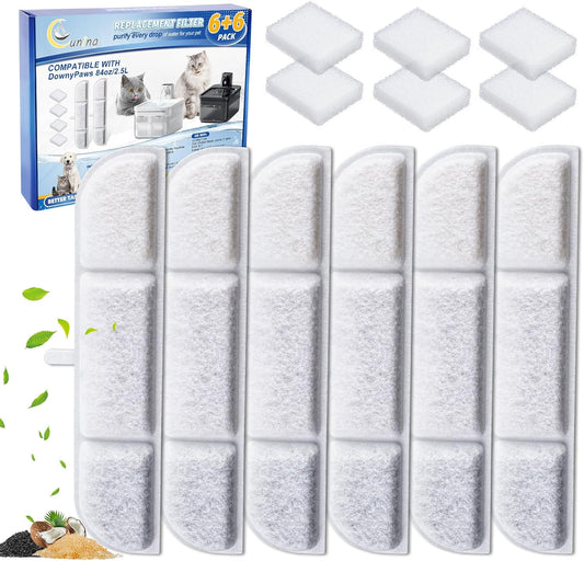 6 Packs Replacement Filters Compatible with DownyPaws Pet Wireless Cat Water Fountain 84oz/2.5L, Filter for Cat and Dogs Water Fountain DPWFP6(6 Filter +6 prefilter)