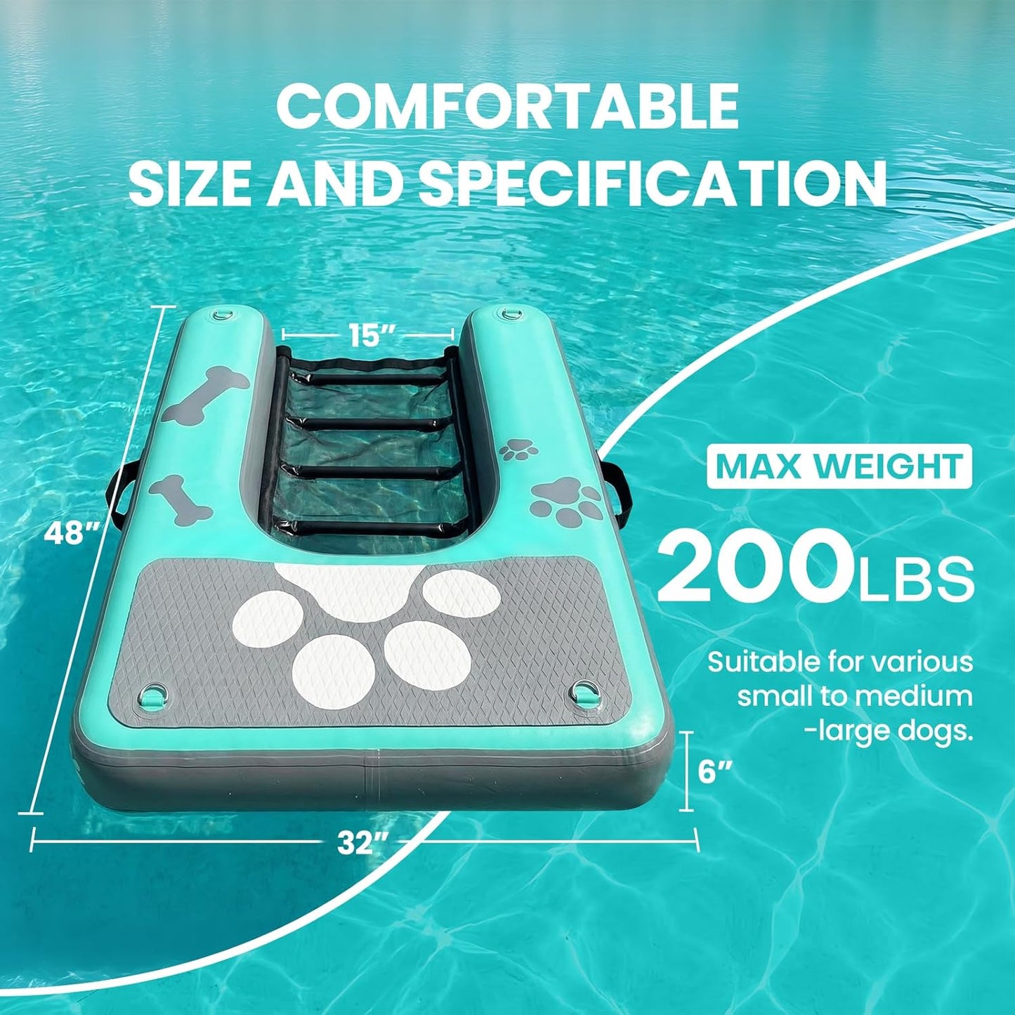 SOLAVERO Dog Water Ramp for Pool, Boat & Lake, Inflatable Dog Dock Pup Plank Pool Ladder Up to 200 lbs, Safe & Easy Access Floating Ramp Steps for Pets with Anti-Slip EVA, Green