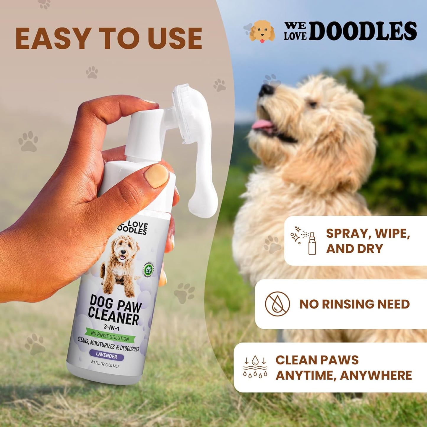 We Love Doodles No-Rinse Dog Paw Cleaner with Built-in Silicone Bristle Brush | 3-in-1 Dirty Paw Washer Foaming Foot Cleaner for Muddy Pet| Gentle Moisturizing Waterless Shampoo - Lavender | 5 fl oz