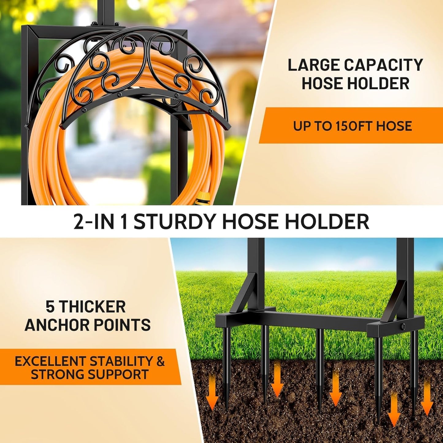 Garden Hose Holder for Outside - Upgraded Water Hose Holders with 5 Spikes & 2 Shepherds Hooks, Freestanding Hose Stand Heavy Duty Hose Hanger Hose Storage Hose Reel Rack for Outside Yard Lawn | for Outside, Upgraded, Hose Stand, Heavy Duty, Hose Hanger,