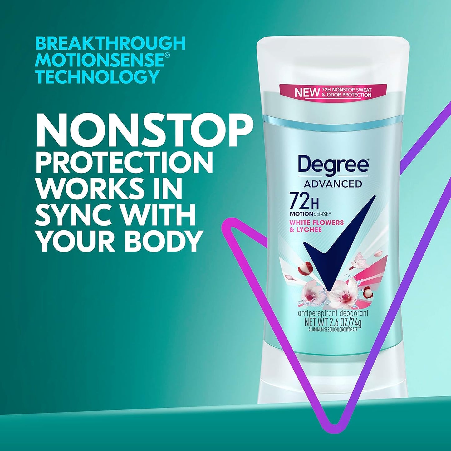 Degree Advanced Protection Antiperspirant Deodorant White Flowers & Lychee for 72-Hour Sweat & Odor Control for Women, with Body Heat Activated Technology, 2.6 oz