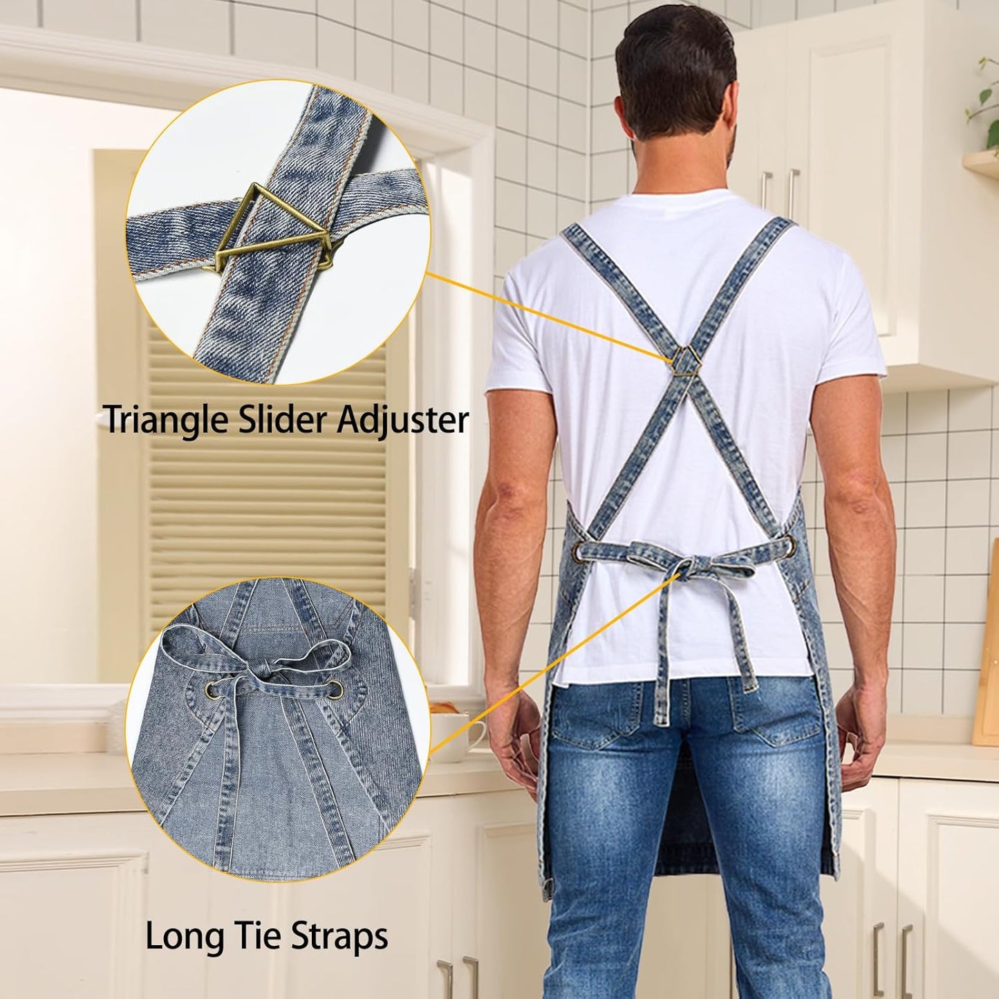 Denim Apron with Pockets, Cross Back Apron for Men Women, Jean Work Aprons for Hairstylist Barber Grilling Gardening, Adjustable S to L