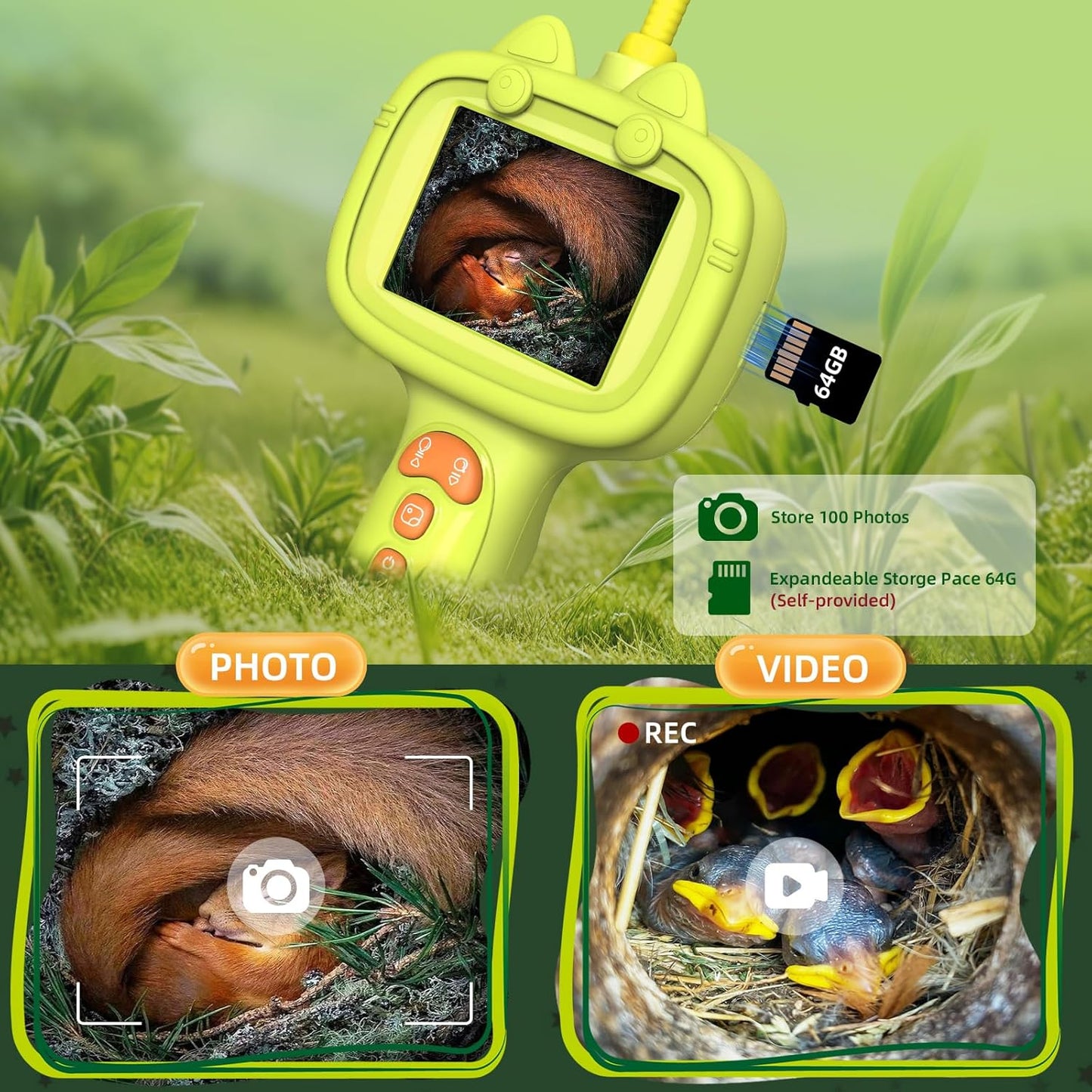 Daxiongmao Borescope Camera with Light for Kids | STEM Science Educational Toy for 3 4 5 6 7 8 Years Old Boys & Girls | Birthday Gift for Outdoor Adventures & Nature Discovery (Yellow)