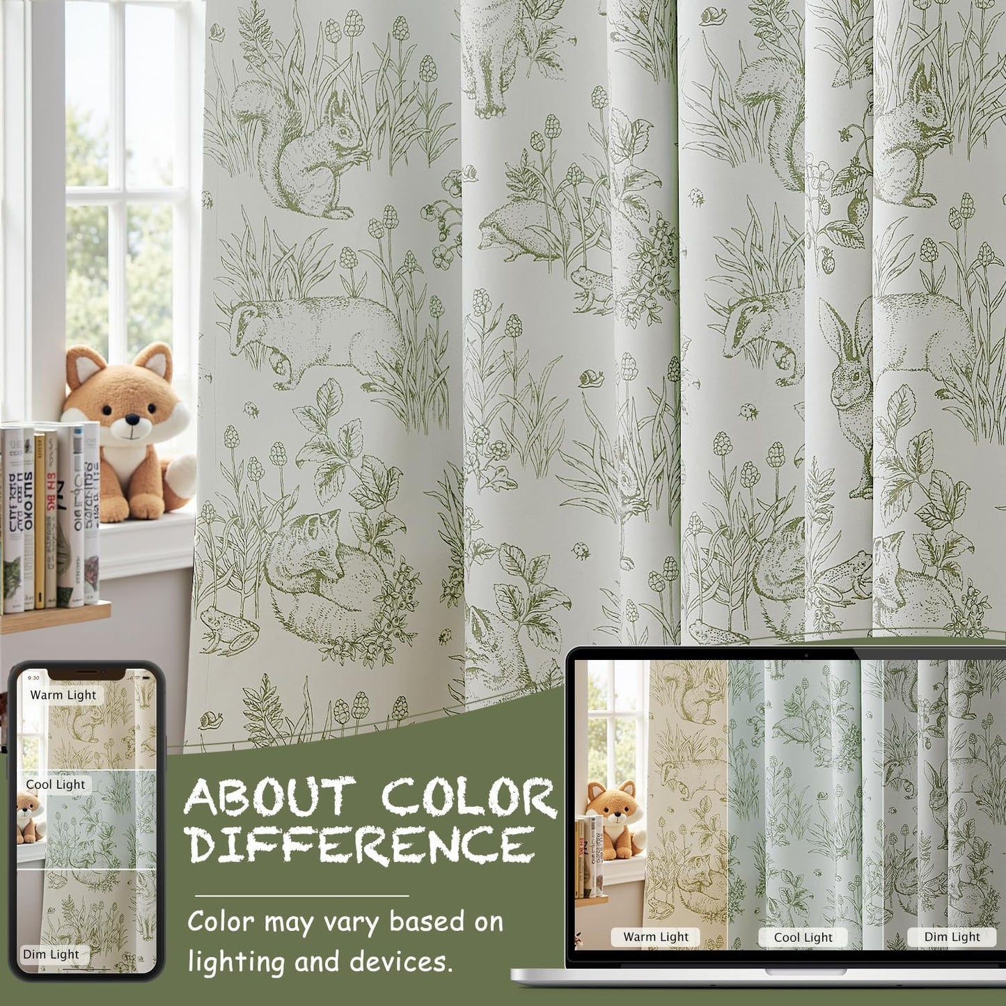 JINCHAN 95% Blackout Nursery Curtains 63 Inches Long, Bunny Woodland Toile Easter Decor Curtains Sage Green on Beige Animal Printed Drapes Bedroom Spring Decoration Farmhouse Window Treatment 2 Panels