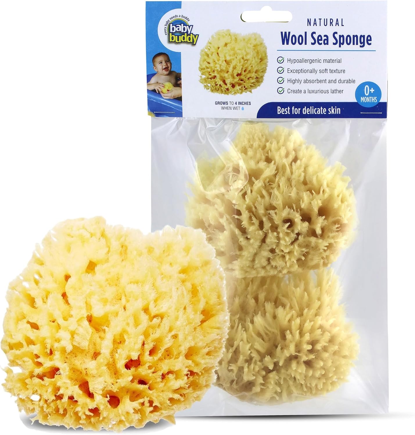 Baby Buddy Absorbent Natural Bath Sponge, Ultra Soft Premium Sea Wool Sponge, Soft on Baby's Tender Skin, Bath Accessories Baby and Kids, Infant Bath, Biodegradable, Hypoallergenic, 2pk, 4in