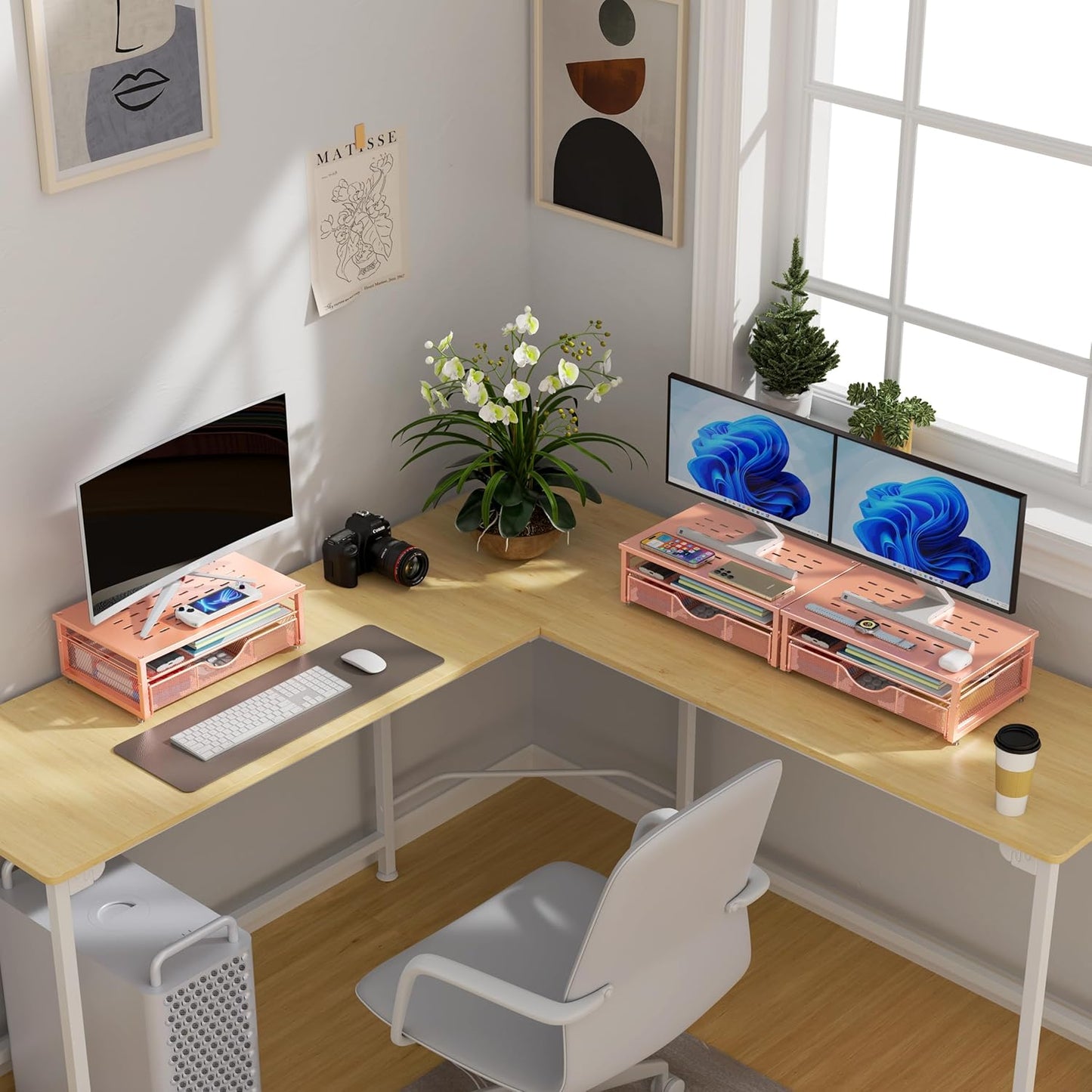 gianotter Computer Monitor Stand Riser, office organizer with Drawer, Office Organizers Storage for Classroom Office Supplies (Rose)