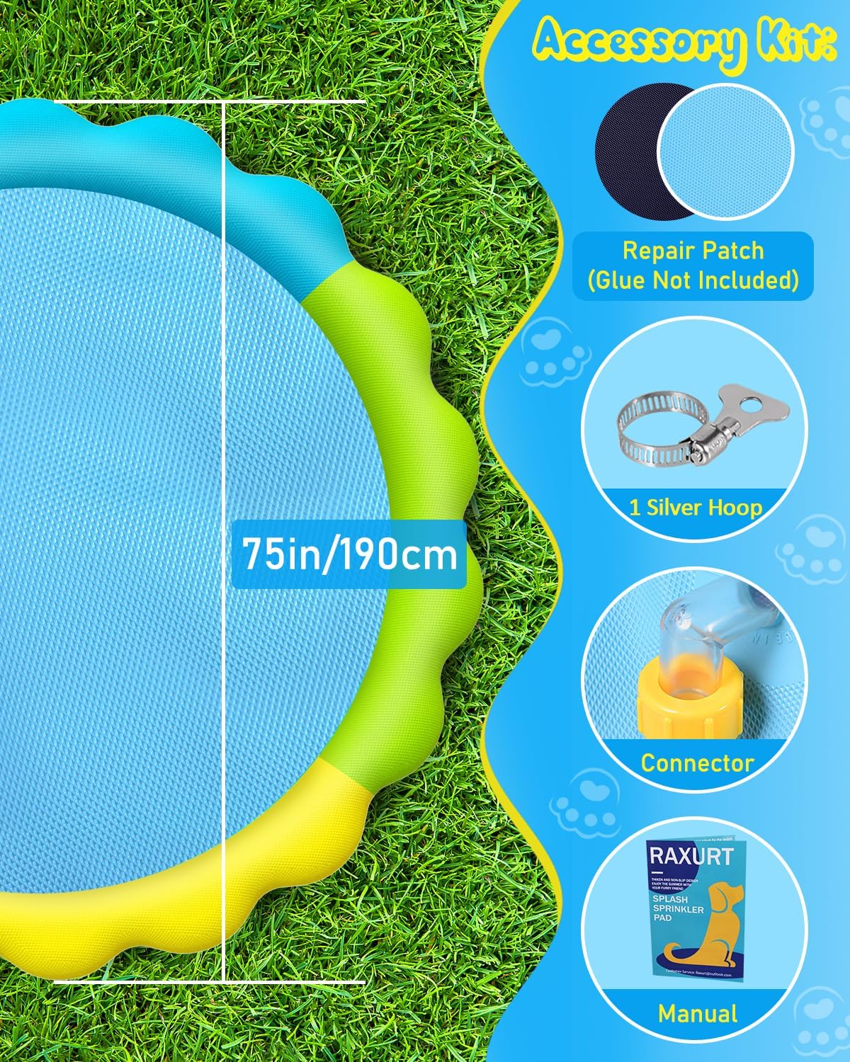 Raxurt Dog Splash Pad, 75in Anti-Slip Dog Pool Splash Pad for Dogs Kids 0.55mm Thickened Durable Bath Pool Pet Summer Outdoor Water Toys Backyard Fountain Play Mat, Colorful