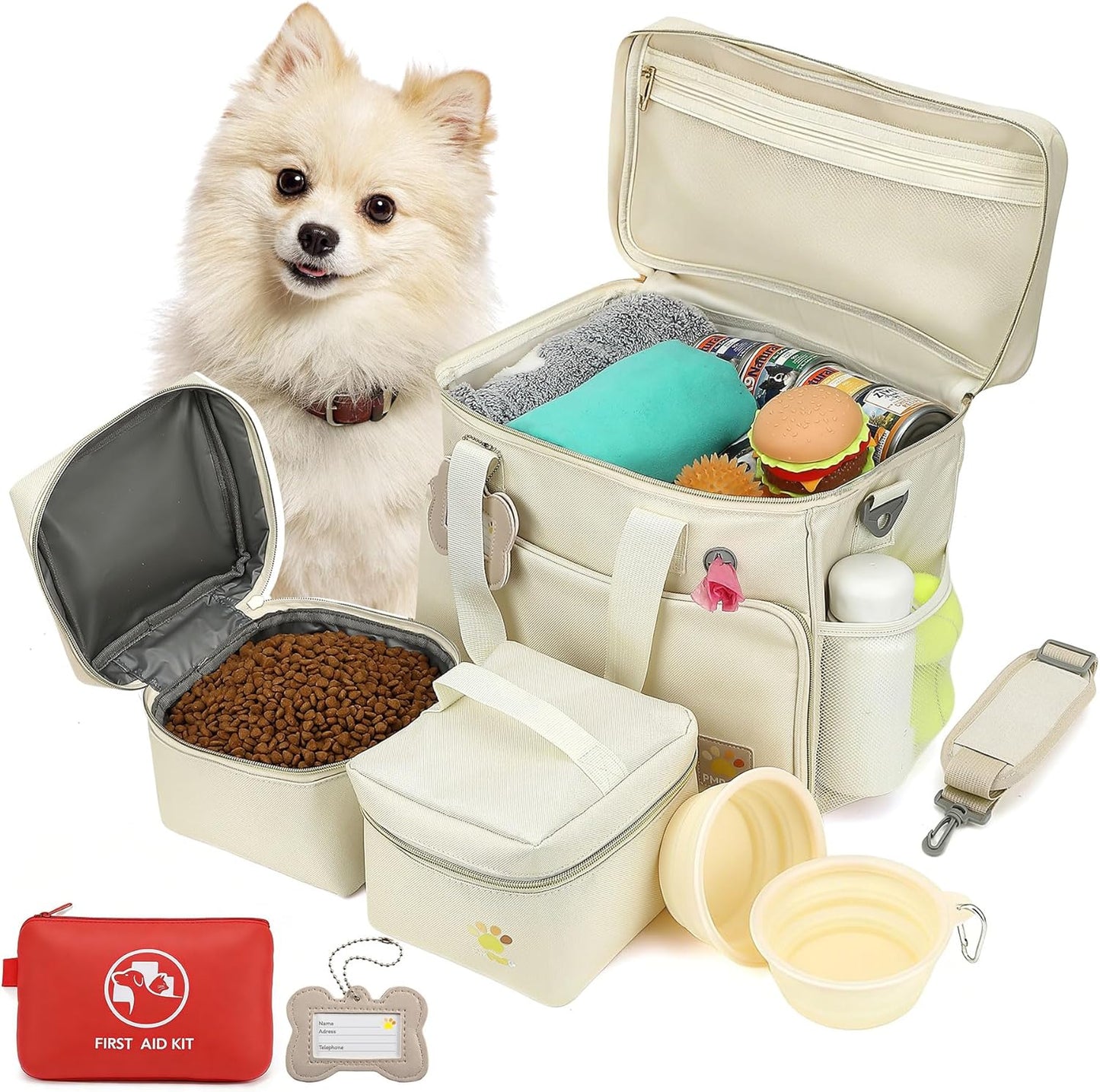 Pet Travel Bag, Large Beige Dog Carrier with Multiple Compartments and Adjustable Straps, Dog Suitcase for Weekend Camping, Pet Diaper Bag for Travelling(Beige)