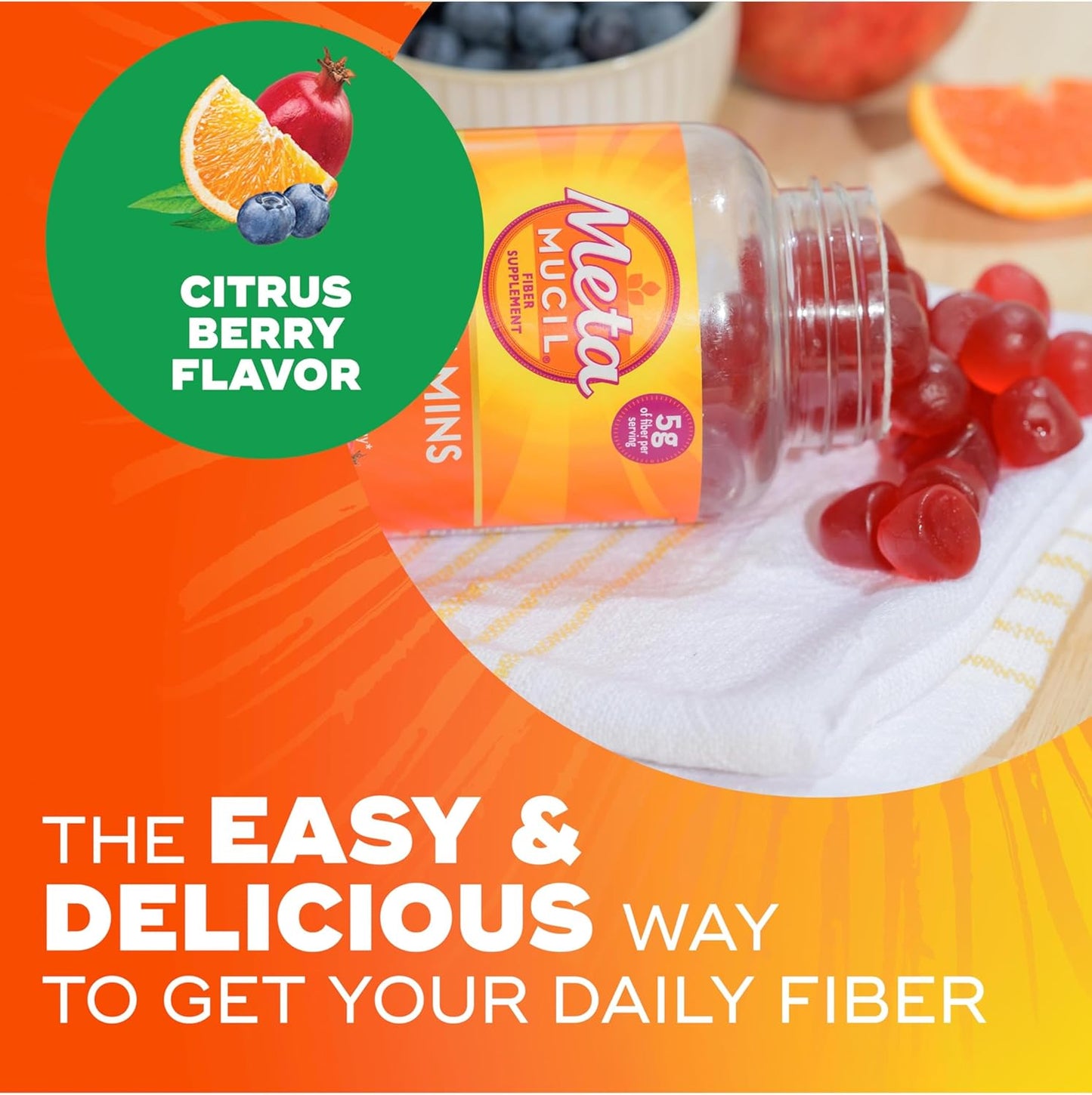 Metamucil Fiber Gummies for Adults with Vitamins C, D, B12 for Metabolism, No Sugar Added Citrus Berry Flavor, 5g Plant Based Prebiotic Fiber Supplement Blend, 120 Count
