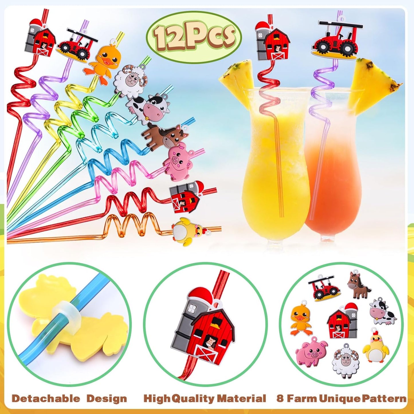 Winrayk 98Pcs Farm Animals Party Favors Barnyard Birthday Supplies, Drinking Straw Mini Bubble Wand Slap Bracelet Keychain Sticker, Goody Bag Stuffer Filler Girl Boy Kids Farm Theme Party Favors Decor