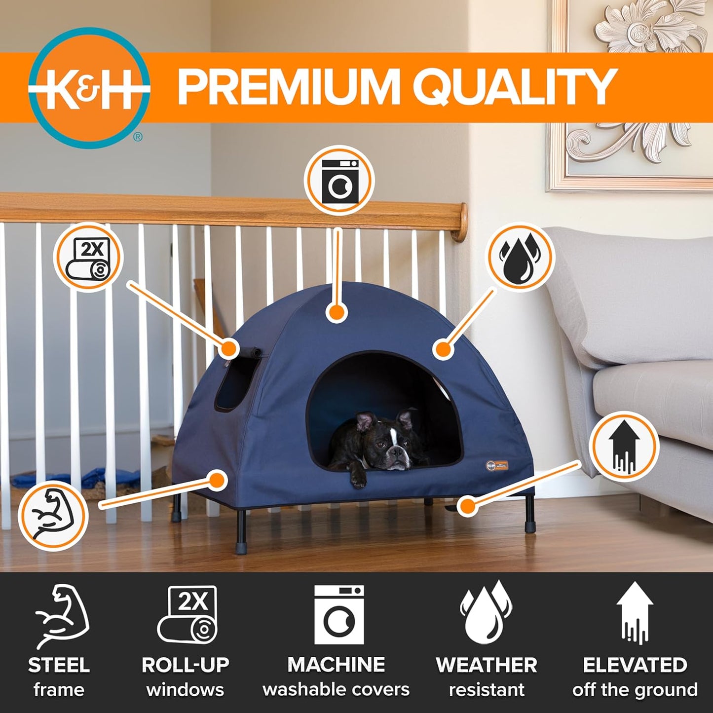 K&H Pet Products Pet Cot House for Medium Dogs, Outdoor Elevated Dog Cot House, Enclosed Canopy, Window Flaps for Air Flow, Washable Cover, Raised Metal Frame, Collapsible - Medium 32 X 25in Blue