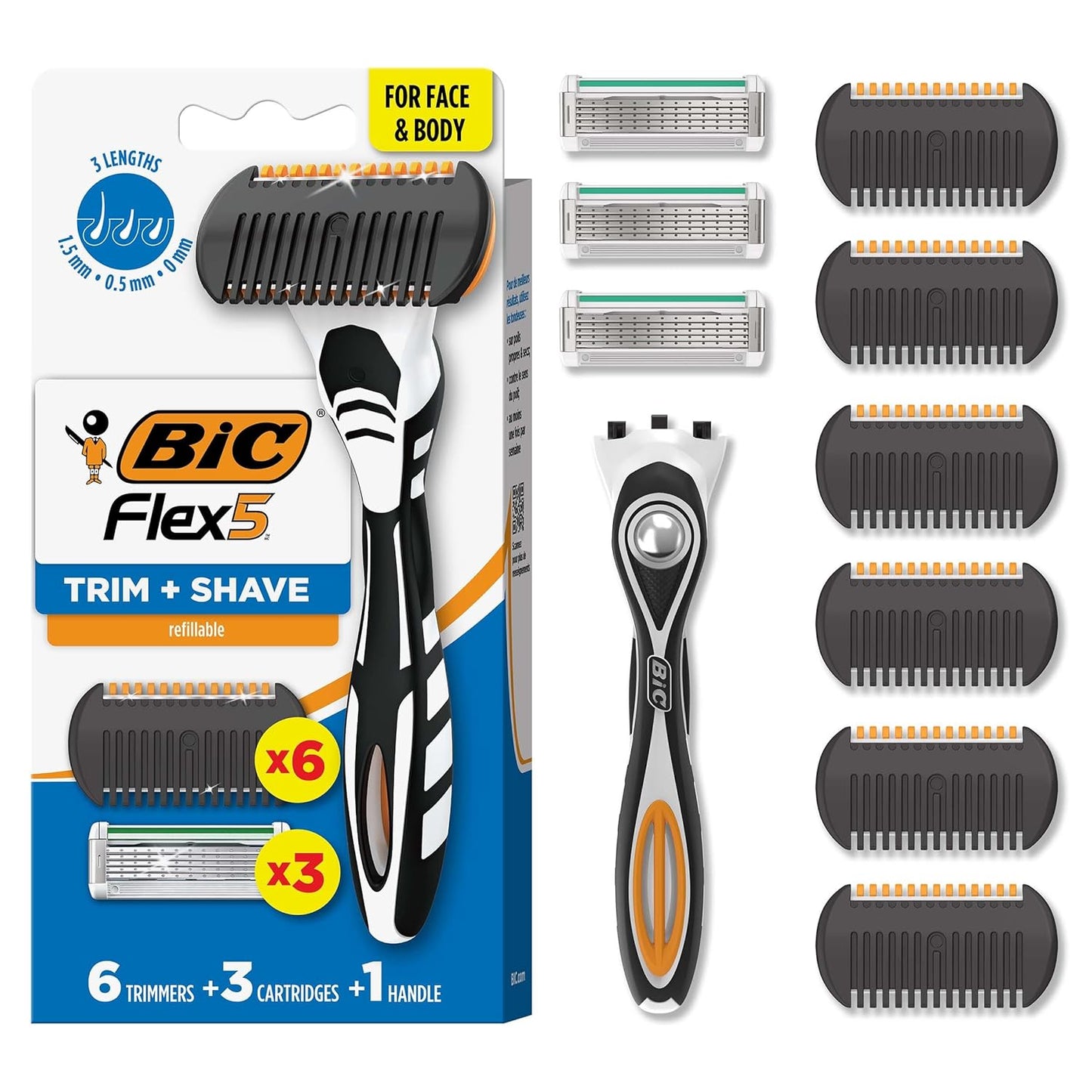 BIC Flex 5 Trim and Shave Men's Grooming Kit, 1 Handle, 3 Razor Cartridges, 6 Trimmers, Travel Essentials for Spring Break