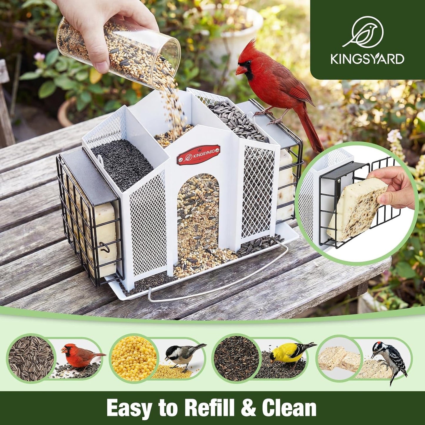 Kingsyard Large Metal Bird Feeders for Outdoors Hanging with Weatherproof Roof, 4 in 1 Removable Double Suet Feeder for Woodpecker, 4 Lbs Capacity for Cardinal Finch Chickadee, White