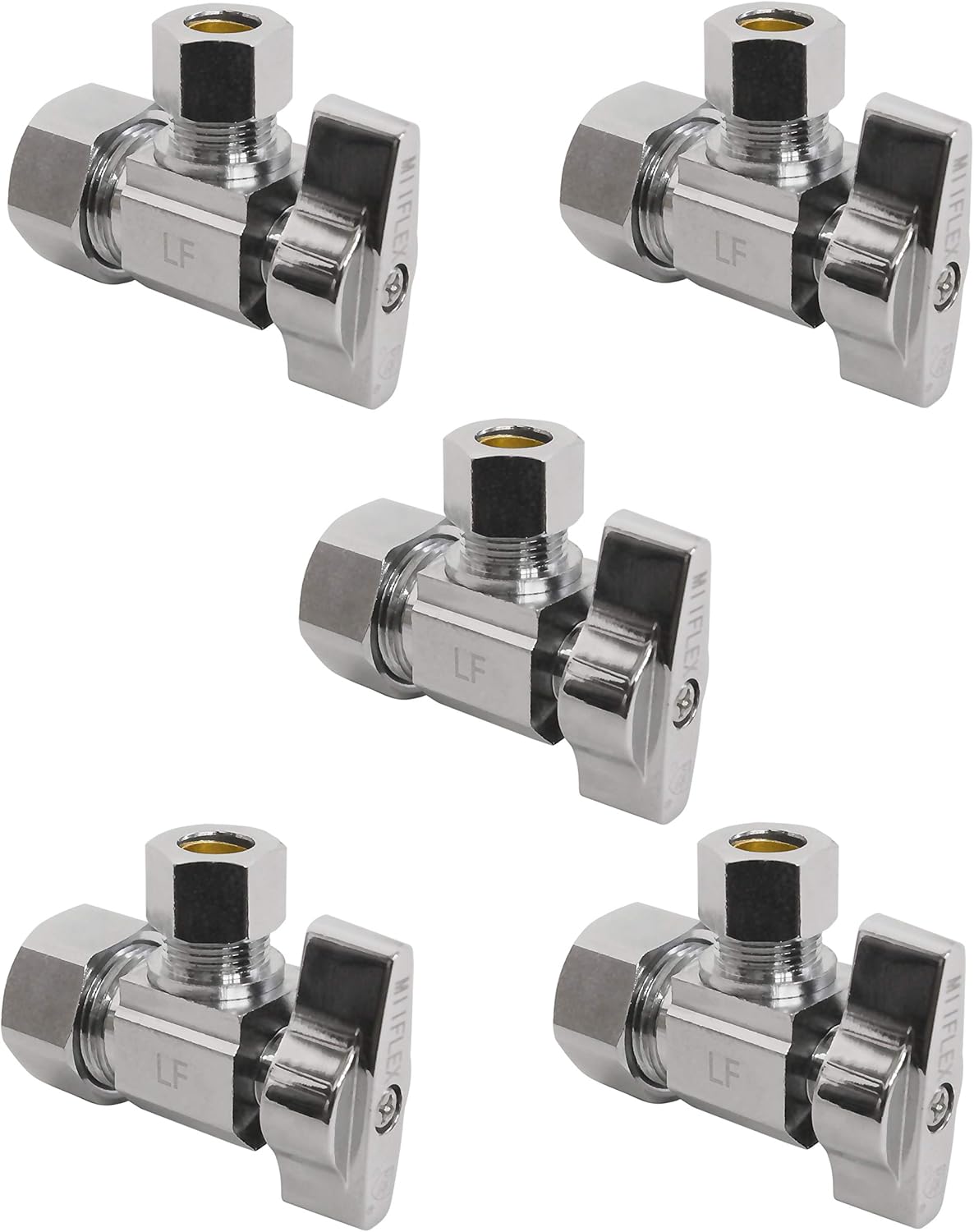 Heavy Duty 1/4 Quarter Turn Angle Shut Off Valve Squared Body 1/2 in. NOM Comp Inlet x 3/8 in. OD Compression Outlet Chrome Plated Brass (5 Pack)
