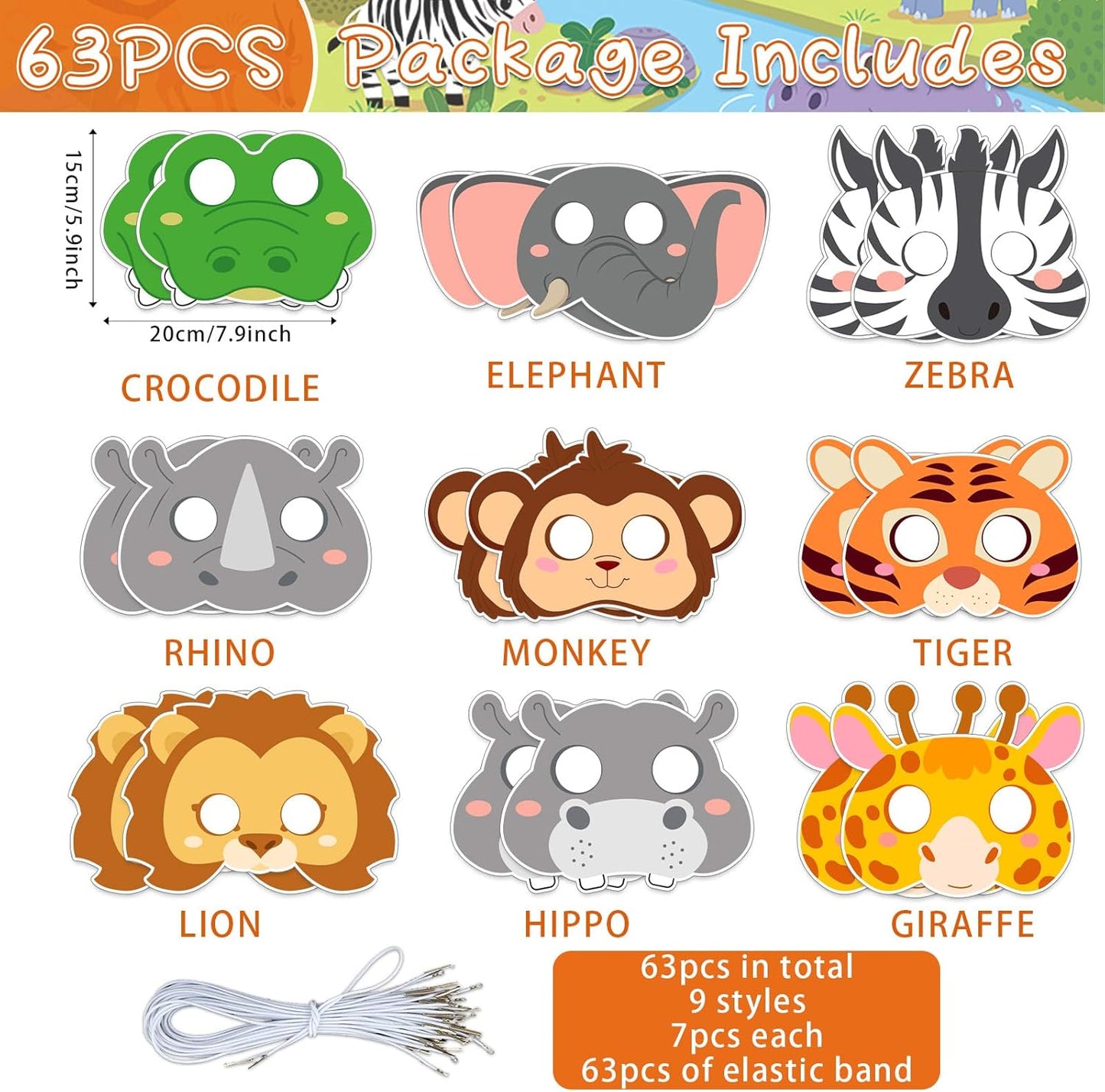 63Pcs Color Your Own Animal Masks Crafts for Kids DIY Paper Blank Jungle Animal Party Favors Lion Tiger Monkey Masks Making Kits with Ropes for School Class Activities Birthday Party Supplies