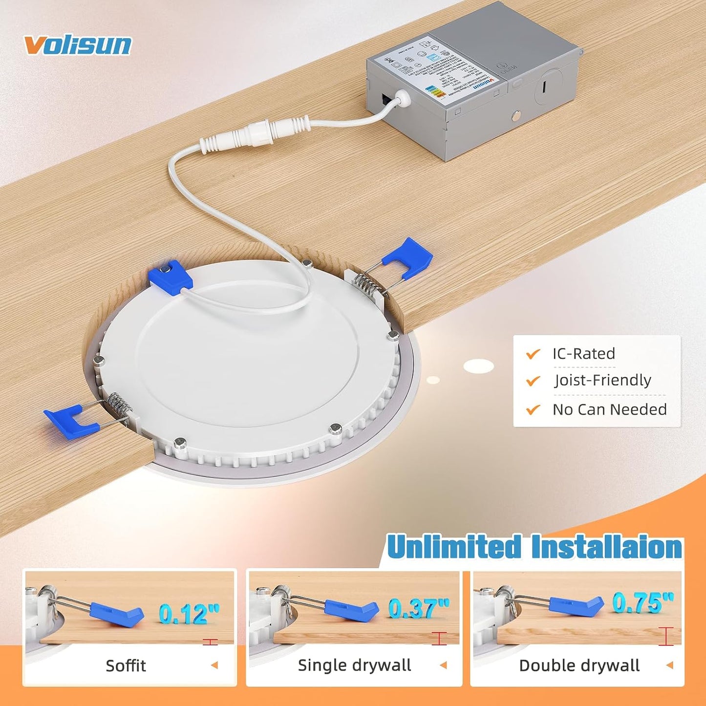 VOLISUN 12 Pack 6 inch Recessed Lighting, 5CCT LED Recessed Light with Junction Box, 2700K-5000K Selectable, 13W Eqv 120W, 1080LM Dimmable Canless Wafer Downlight, LED Ceiling Light ETL Certificated