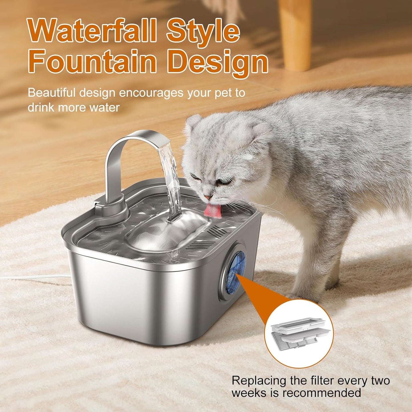 Bobo&Dragon Cat Water Fountain Stainless Steel, 124oz/3.5L Cat Drinking Fountain, Automatic Dog Water Dispenser Indoor, Water Bowl for Cats Dogs Pets Built-in 4+4 Replacement Filters
