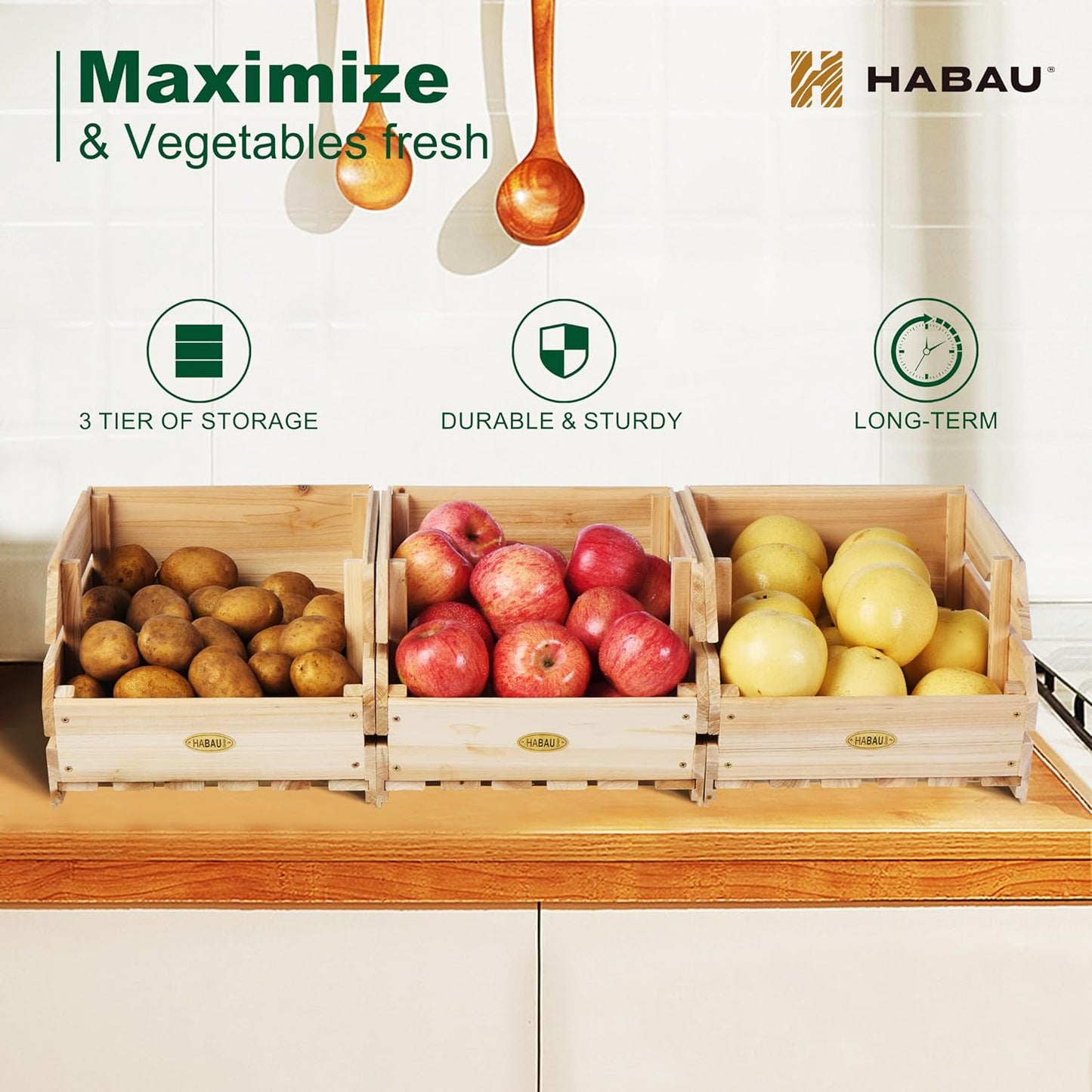 Wood Potato Onion Storage Bins - Wooden Stackable Produce Basket - Fruit Vegetable Storage for Kitchen Pantry Organization, Set 3 Pieces