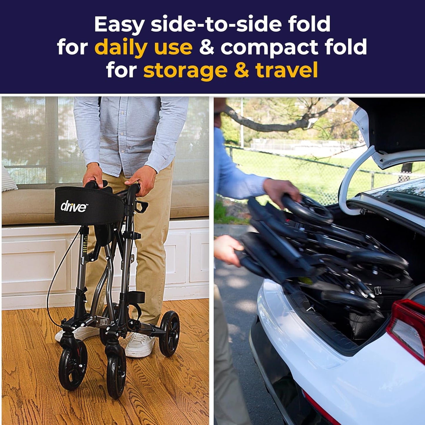 Drive Medical Compact Folding Rollator - Lightweight Foldable Walker for Seniors, 4-Wheeled Walker with Seat & Brakes, Space-Saving & Portable Travel Rollator with 8-Inch Wheels - Just 15.4 Pounds