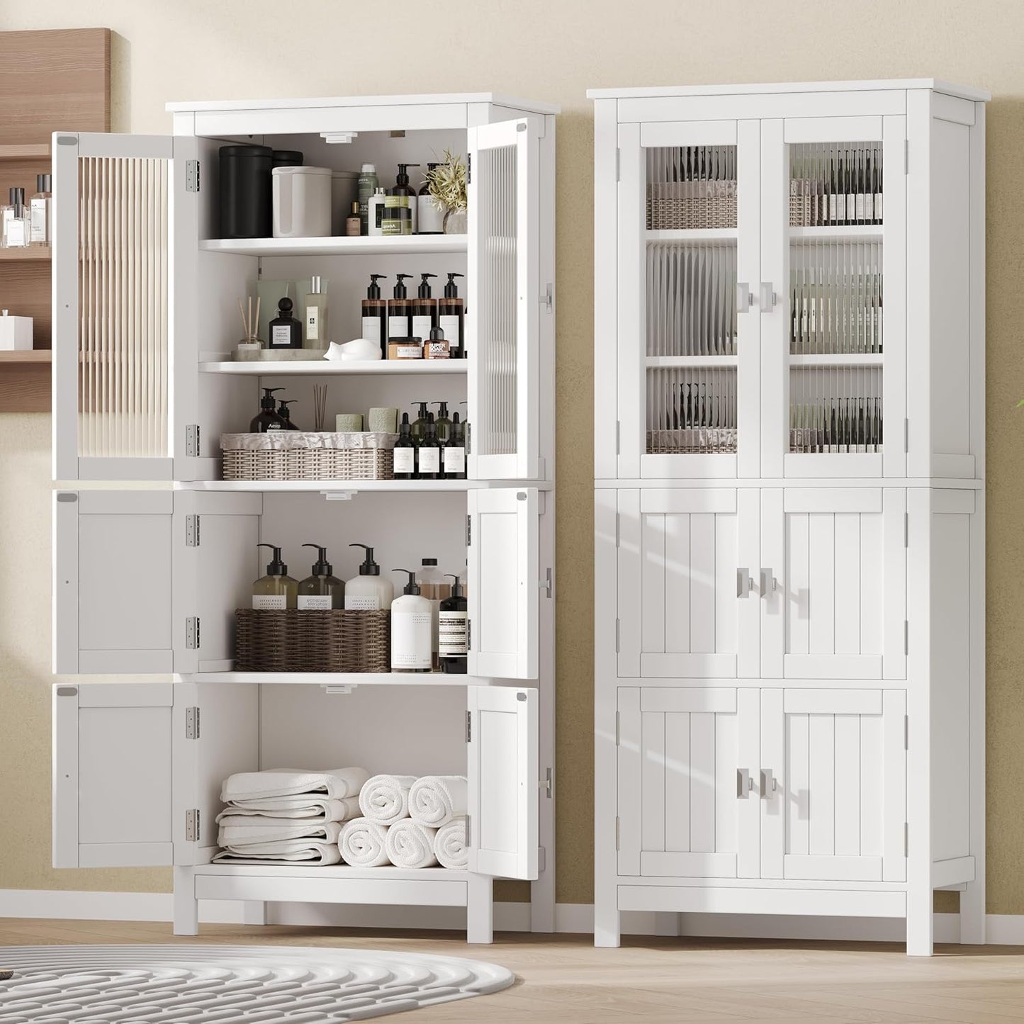 53.1" H Tall Bathroom Storage Cabinet, Bathroom Floor Cabinet with 6 Doors and Adjustable Shlef, Linen Cabinet, Pantry Cabinet for Living Room, Kitchen, Entryway, White