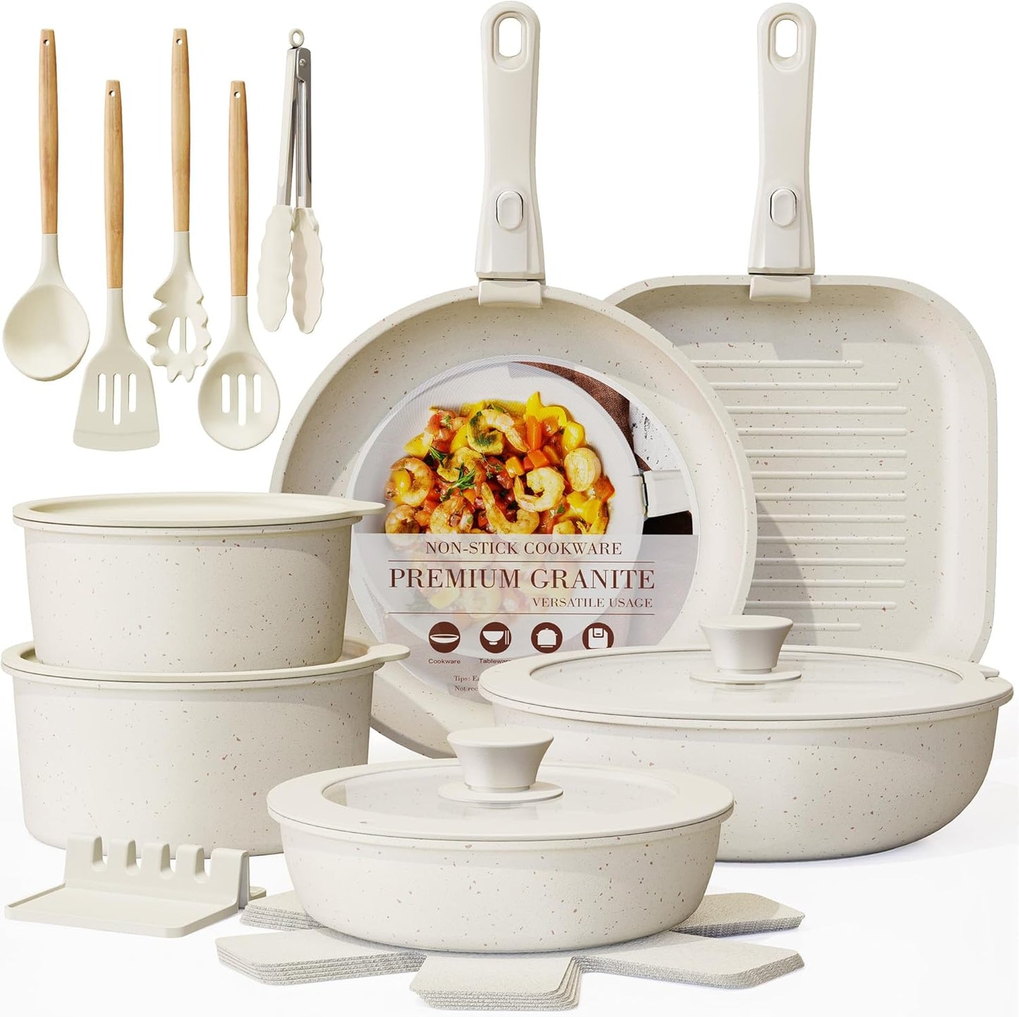 Astercook 23 Pcs Pots and Pans Non Stick Ceramic Cookware Set Detachable Handle, RV Stackable Kitchen Cooking Set Removable Handles, Oven Safe, Induction Ready, Cream White
