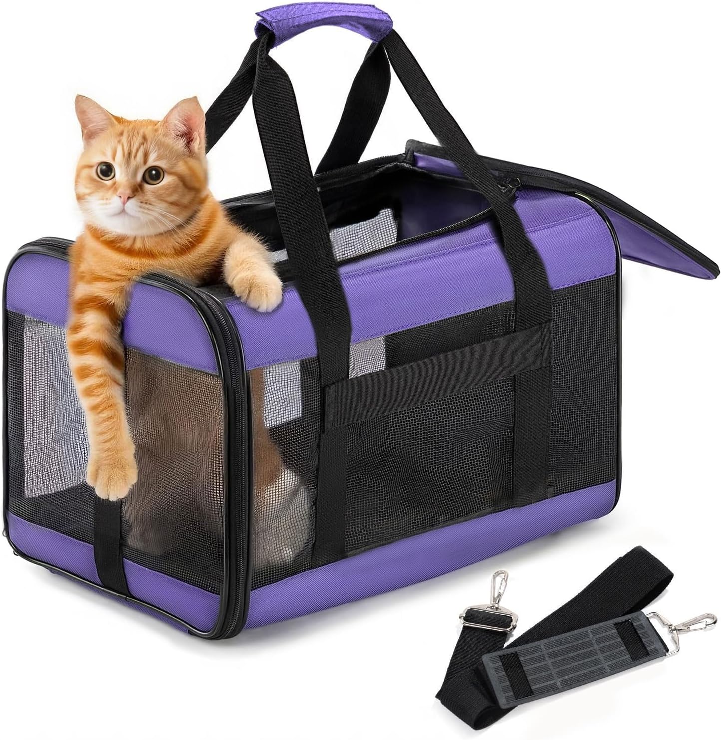 Cat Carrier Airline Approved, Soft-Sided Dog Carrier with Inner Safety Leash, Pet Transport Carrier for Small-Medium Cats Puppies up to 15 Lbs, Collapsible Travel Kitten Carrier Bag -Purple M