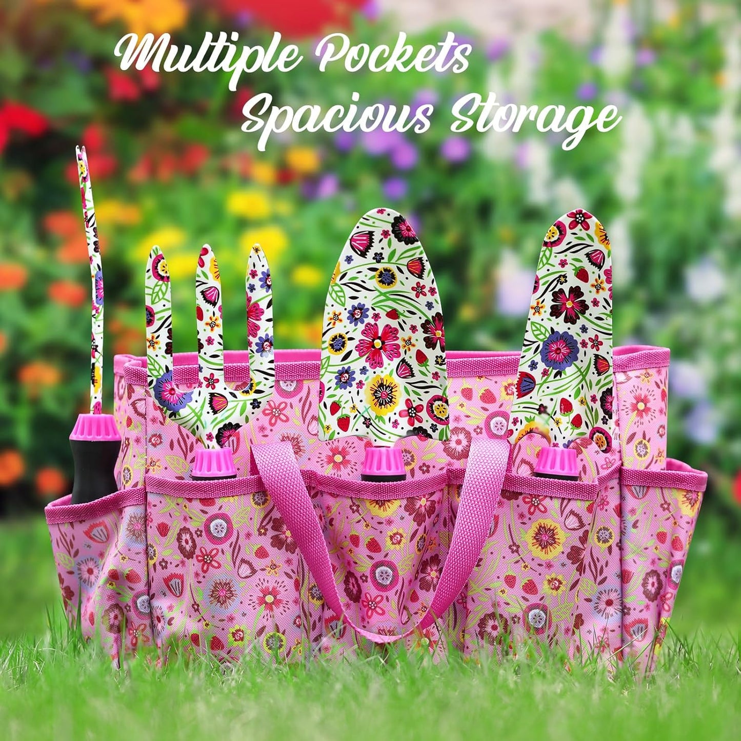 Housolution Gardening Tools Set, 10 PCS Stainless Steel Heavy-Duty with Non-slip Soft Rubber Handle with Large Garden Bag, Floral Pattern Gardening Tool Set Gifts for Women Birthday Mother's Day, Pink