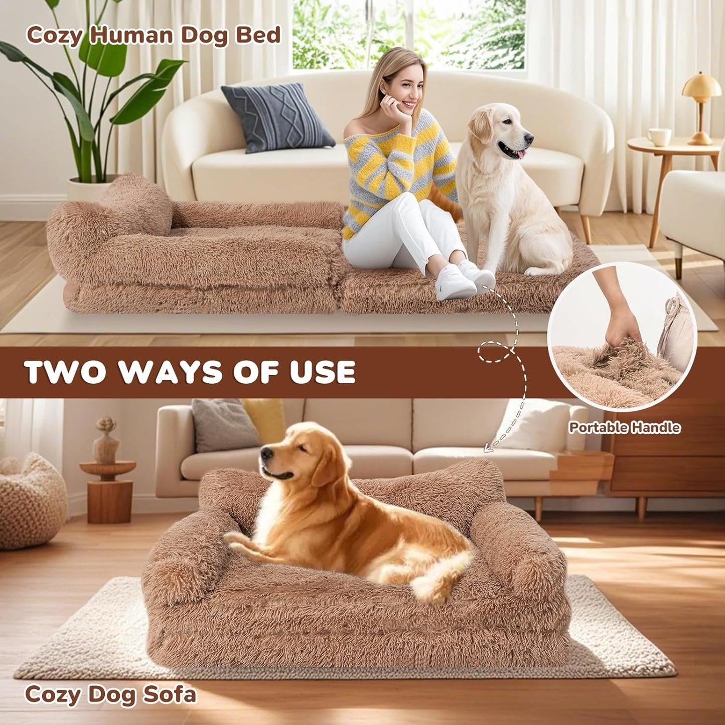Foldable Human Dog Bed for Adults, Fluffy Human Sized with Blanket, Orthopedic Washable Dog Bed with Memory Foam and Water Repellent Liner for Pet (Brown, 72 * 44 * 10 inch)