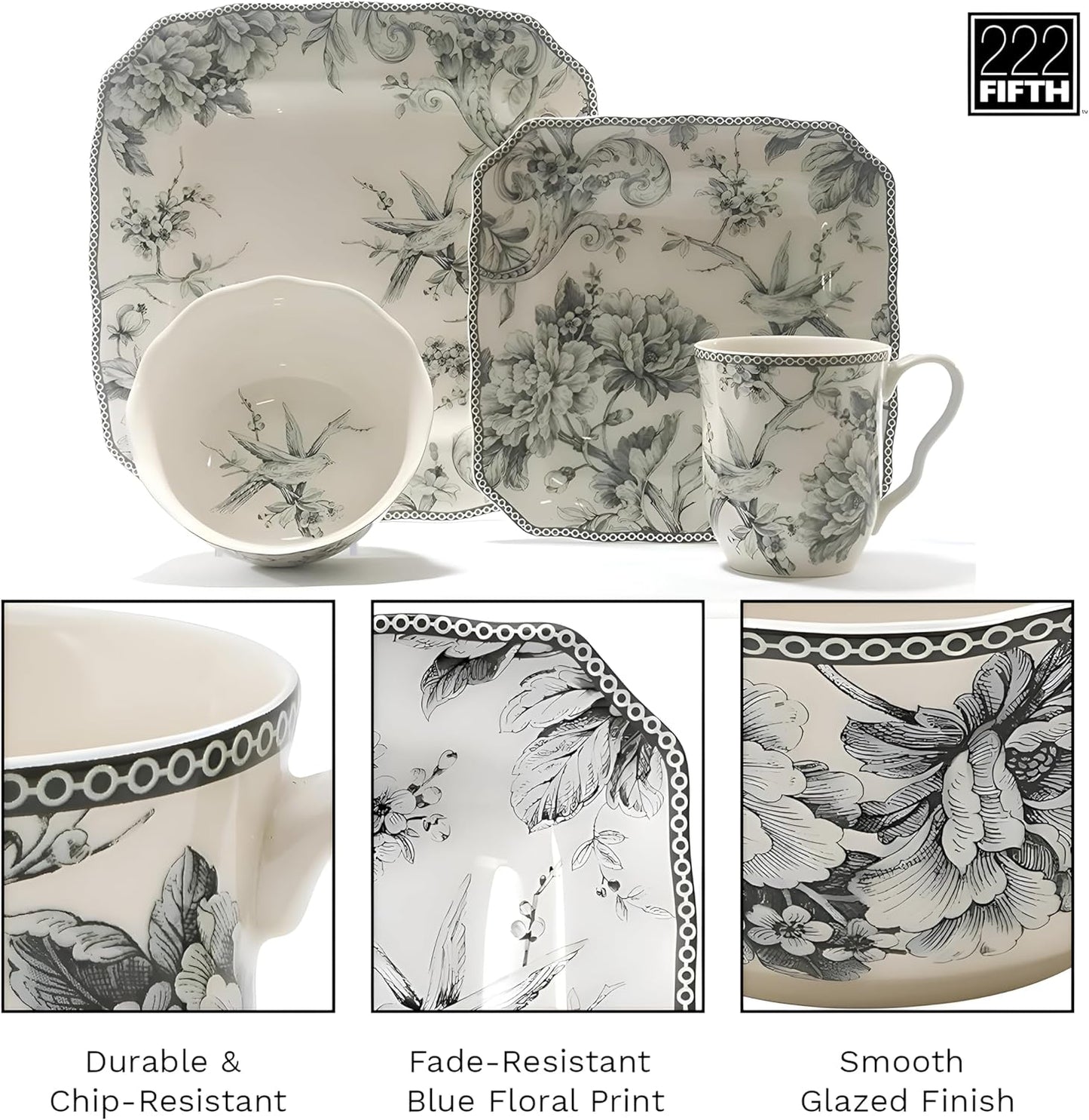 222 Fifth Adelaide 16-Piece Square Floral Dinnerware Set – Service for 4, Grey & White Porcelain Plates & Bowls, for Everyday Dining & Entertainment, Microwave & Dishwasher Safe, Chip Resistant