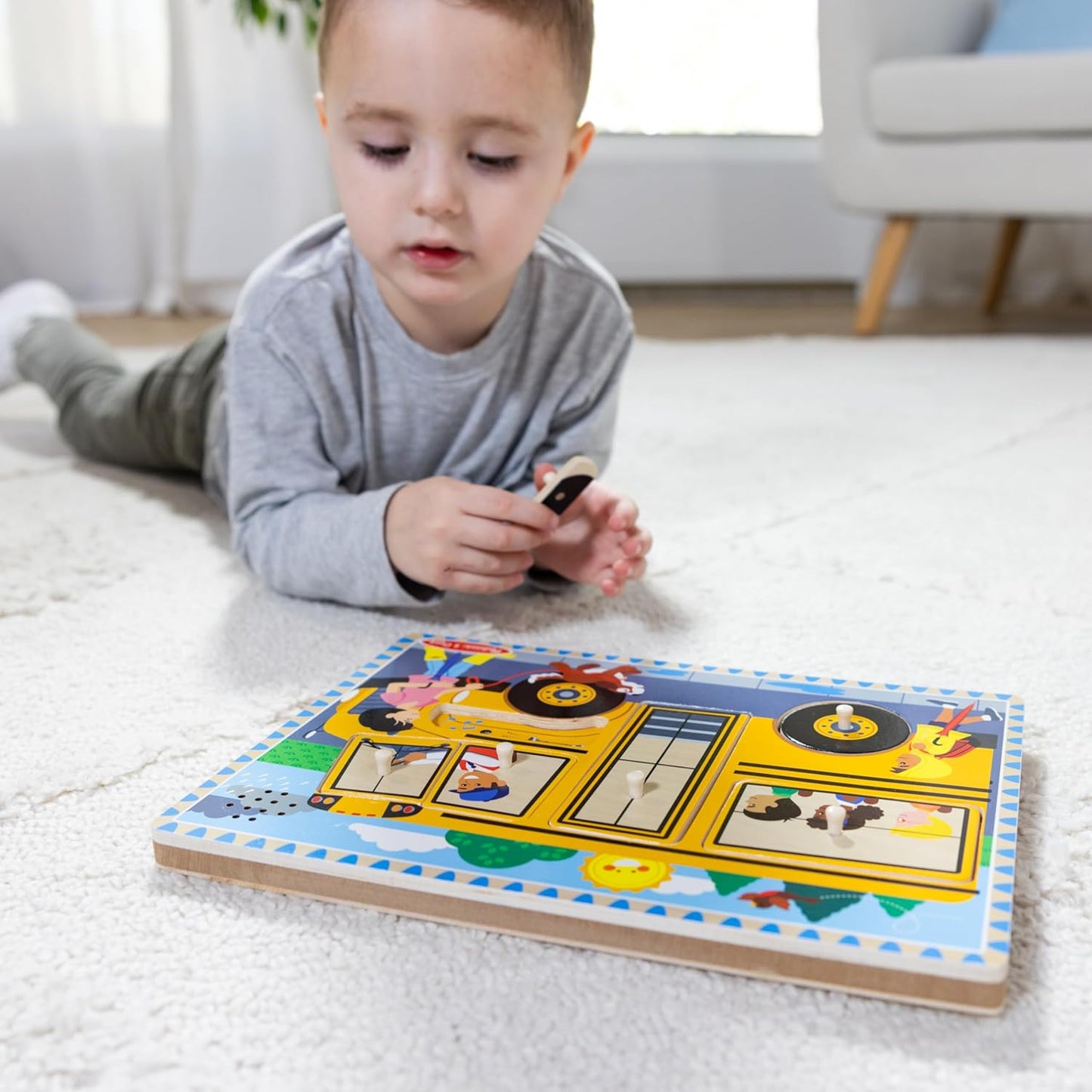 Melissa & Doug The Wheels on The Bus Song Puzzle – 8-Piece Wooden Peg Puzzle with Light-Activated Sounds, Music Learning Toy for Toddlers and Preschoolers Ages 2+