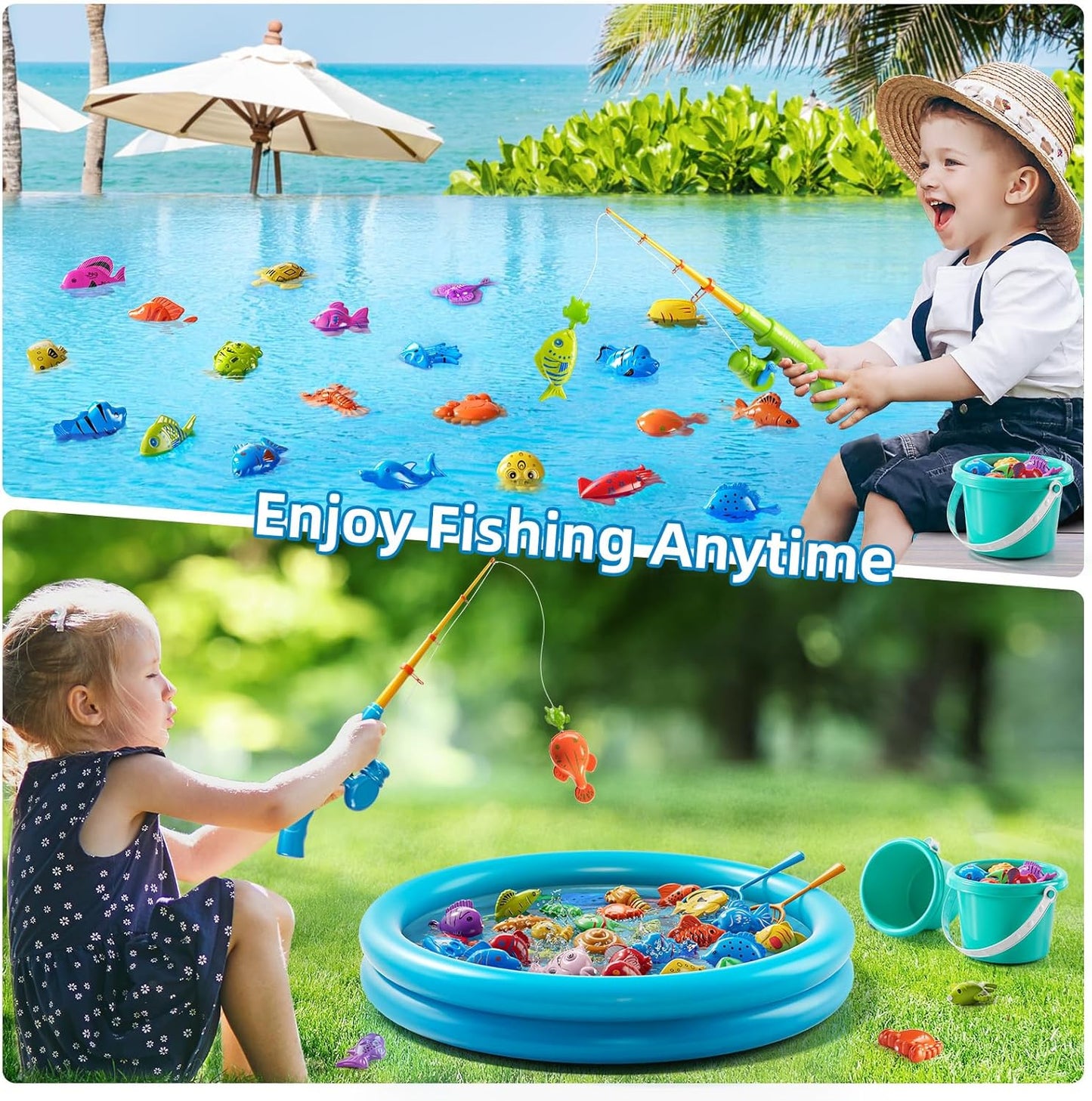 Magnet Fishing Toys Game for Kids 3-5 - Floating Fish Toys with Inflatable Kiddie Pool, Bath for Toddlers, Pole Rod Net, Outdoor Party for Boys Girls Kids Age 3 4 5 6 7 8 Year Old