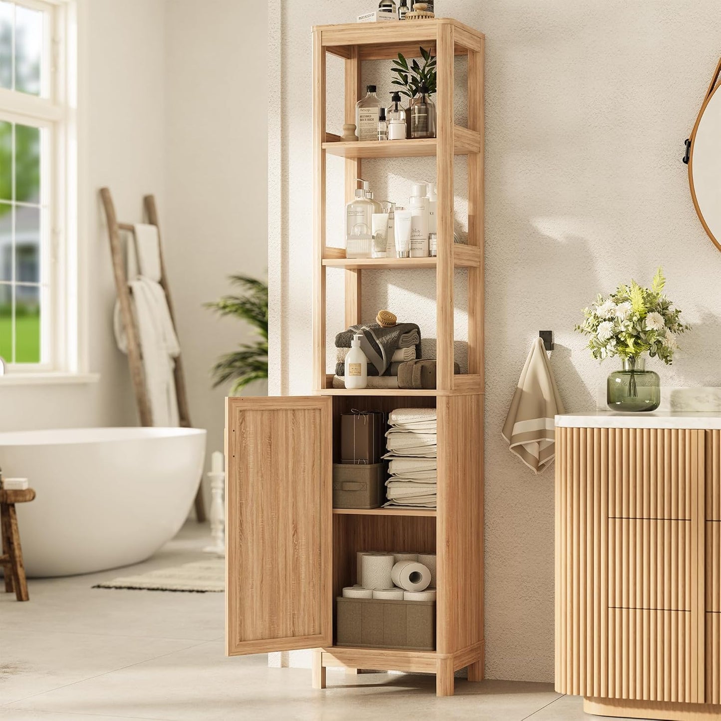 68'' Tall Narrow Storage Cabinet with Adjustable Shelf and Door, Bathroom Storage Cabinet, Space Saver for Bathroom, Kitchen, Living Room, Natural Oak