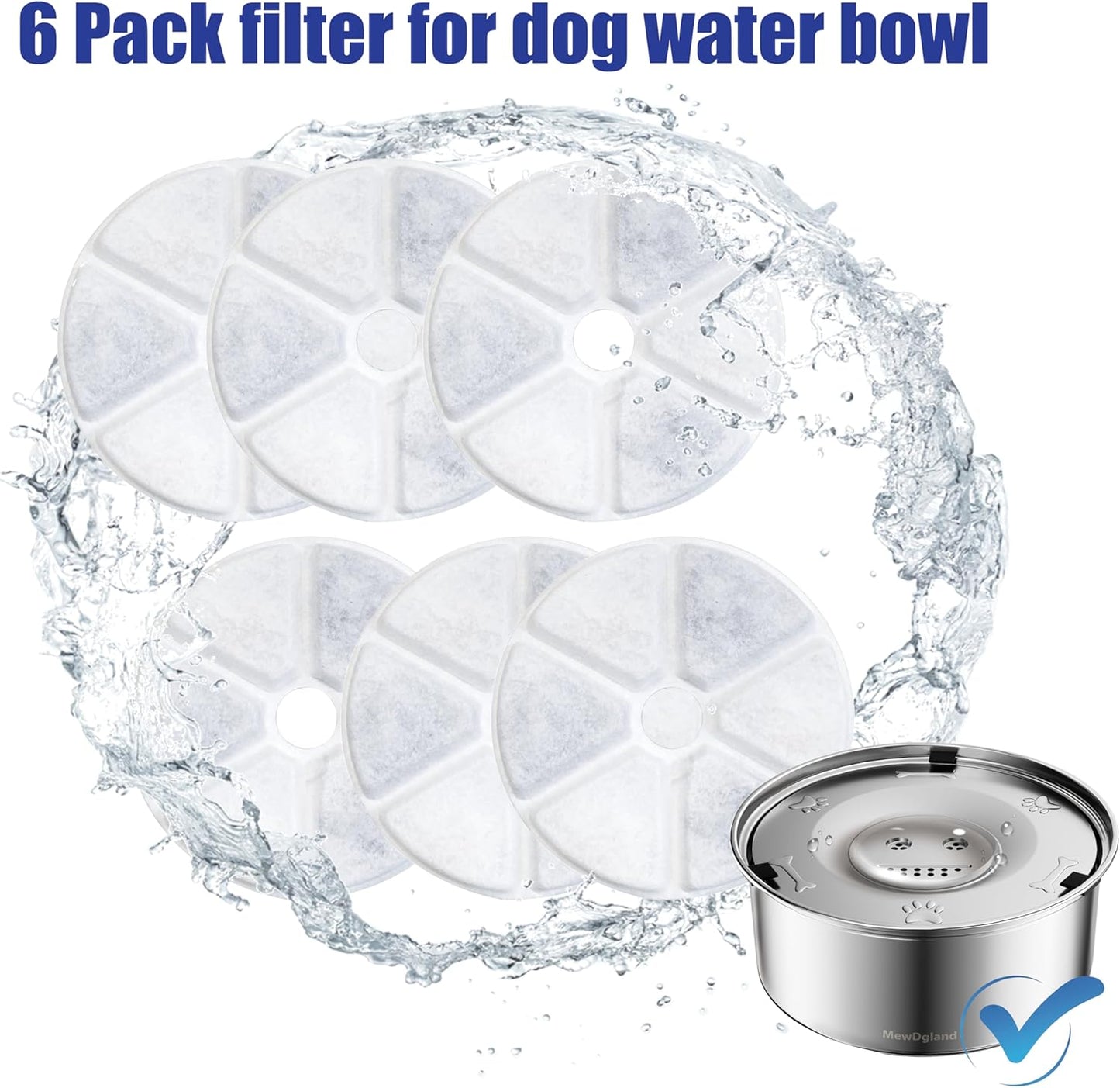 6 Pack Dog Water Dispenser Filter, No Spill Water Bowl Filter Replacement for Slow Drink Dog Water Feeder, Coconut Carbon Filter System Set of 6