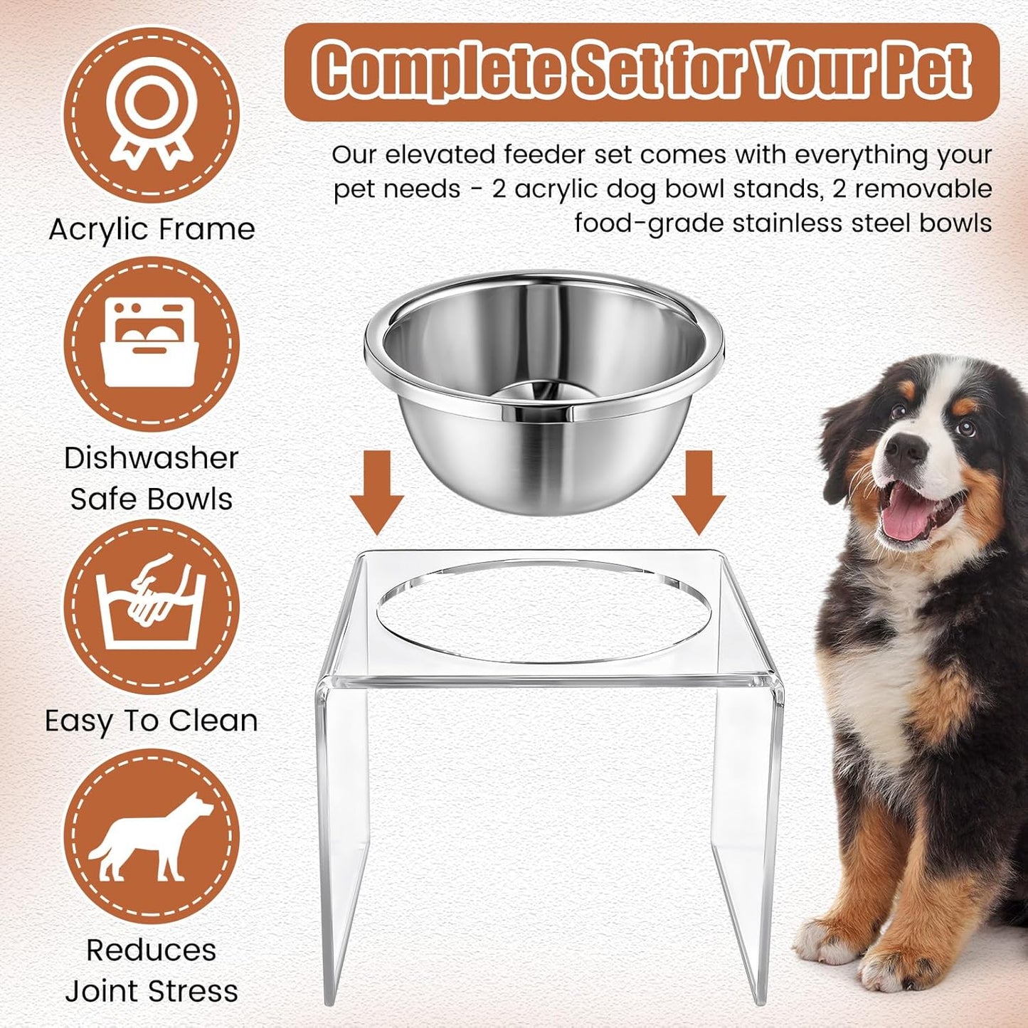 2 Set Acrylic Elevated Dog Bowls Stand 6.3" Tall Pet Acrylic Feeder Come with 2 Removable Stainless Steel Bowls for Large Dogs, Raised Durable Dog Bowl Pet Feeding Station