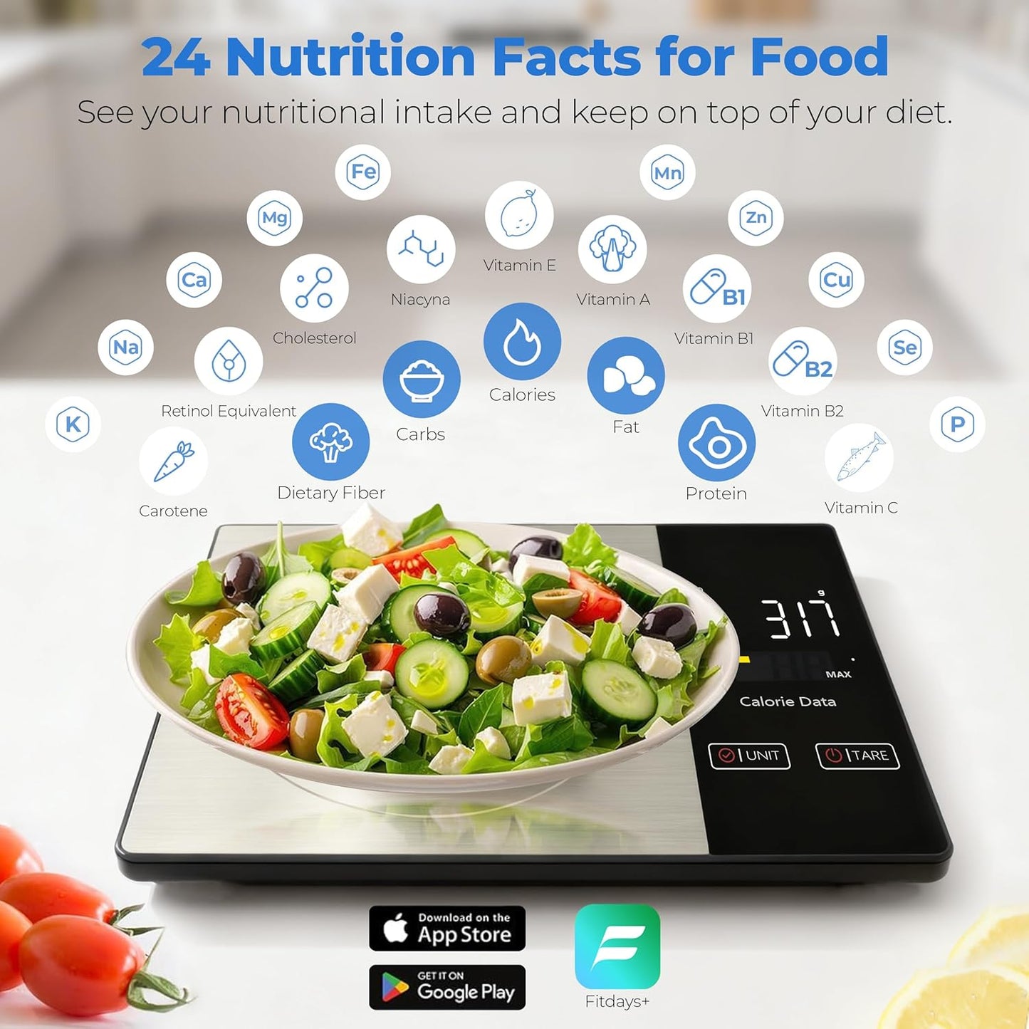 Smart Nutrition Food Scale - Digital Kitchen Scale with Nutritional Calculator App,Tare Function,Track Calories &24 Nutrients,11lb, Grams/Ounces, Healthy Eating & Meal Prep