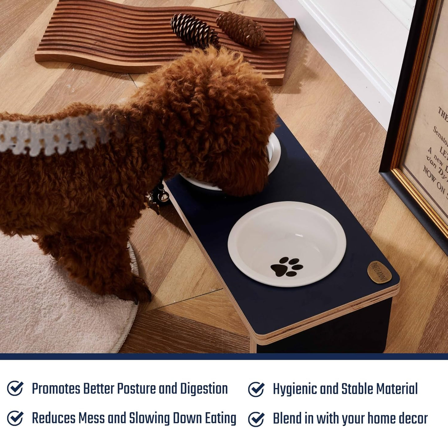 Elegant Raised Dog Bowl Stand with 2 Ceramic Bowls - Waterproof Multi-Layer Solid Wood Design for Small Dogs or Cats ，Anti-tip 3.9 lb Heavy-Duty Food Prep Station (11.8oz/1.5 Cup)