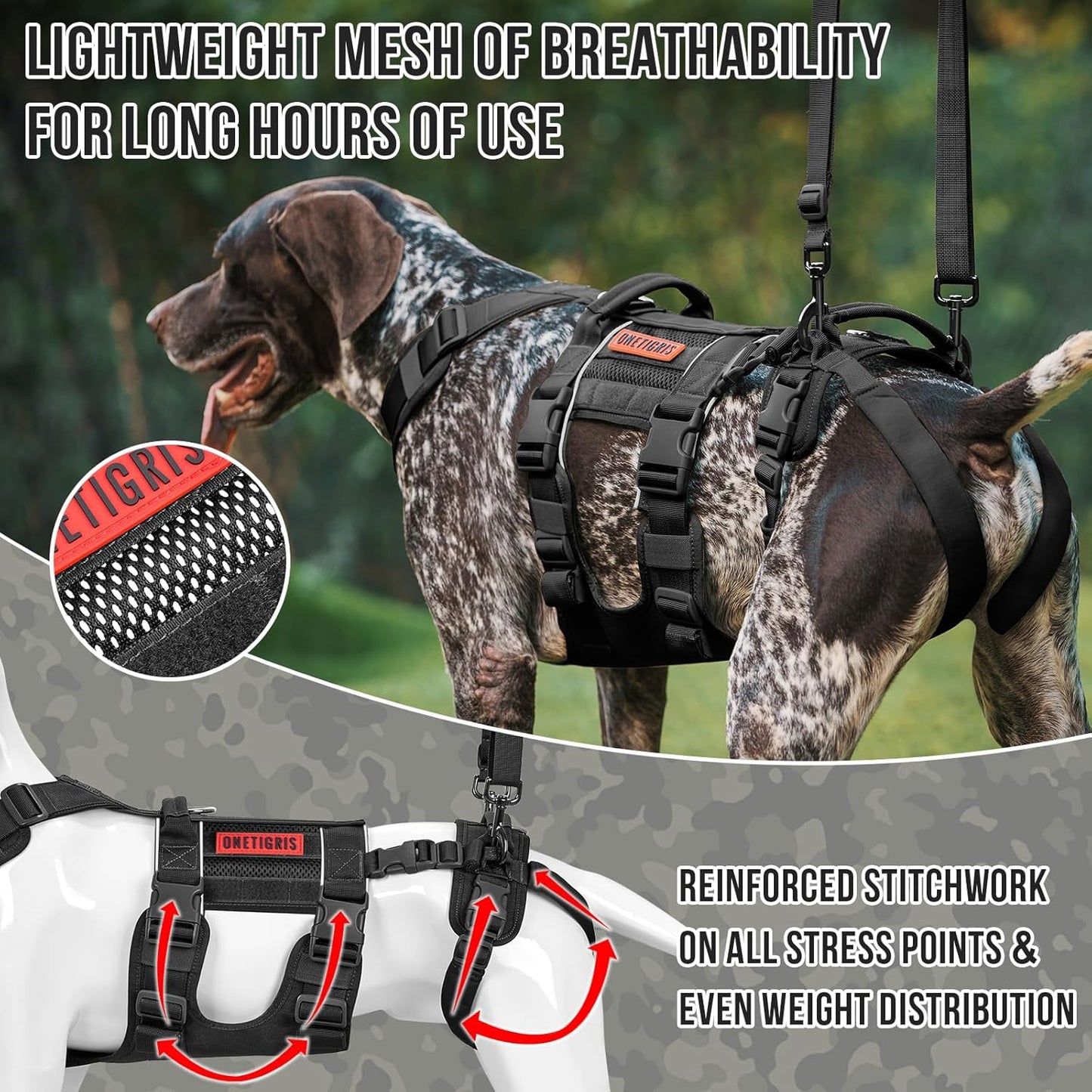 OneTigris Breathable Dog Lift Harness for Large Medium Sized Dogs, Dog Sing for Large Dogs Hind Leg Support, Dog Hip Support Brace Front Leg Vrace