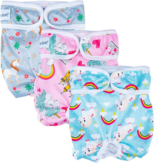 Pet Soft Female Dog Diapers, 3 Pack Washable Dog Diapers Female for Dogs in Heat Reusable Dogs Period Panties, Puppy Diapers (Animals, XS)