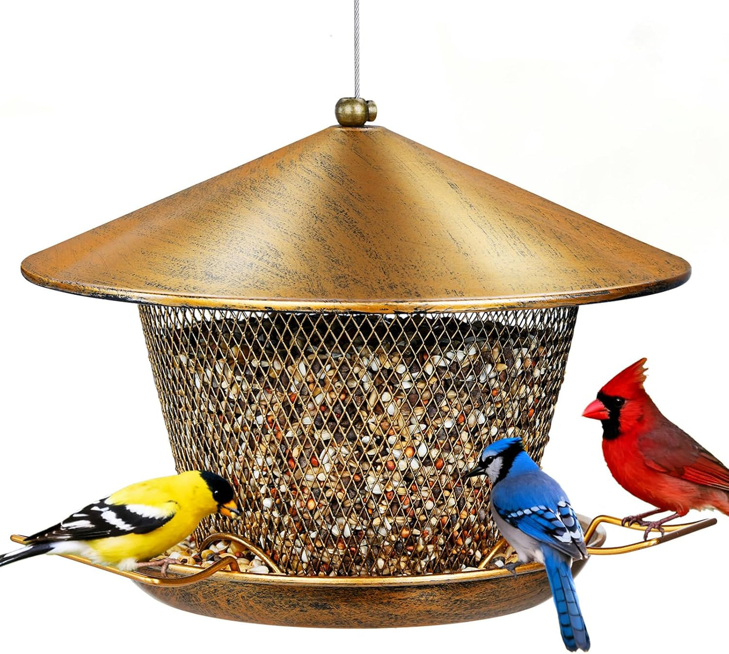 Bird Feeder for Outdoor Hanging, All Metal Weatherproof Wild Bird Feeder with 9.8" Roof, 3.5 LBs Seeds Capacity, Easy to Clean & Refill