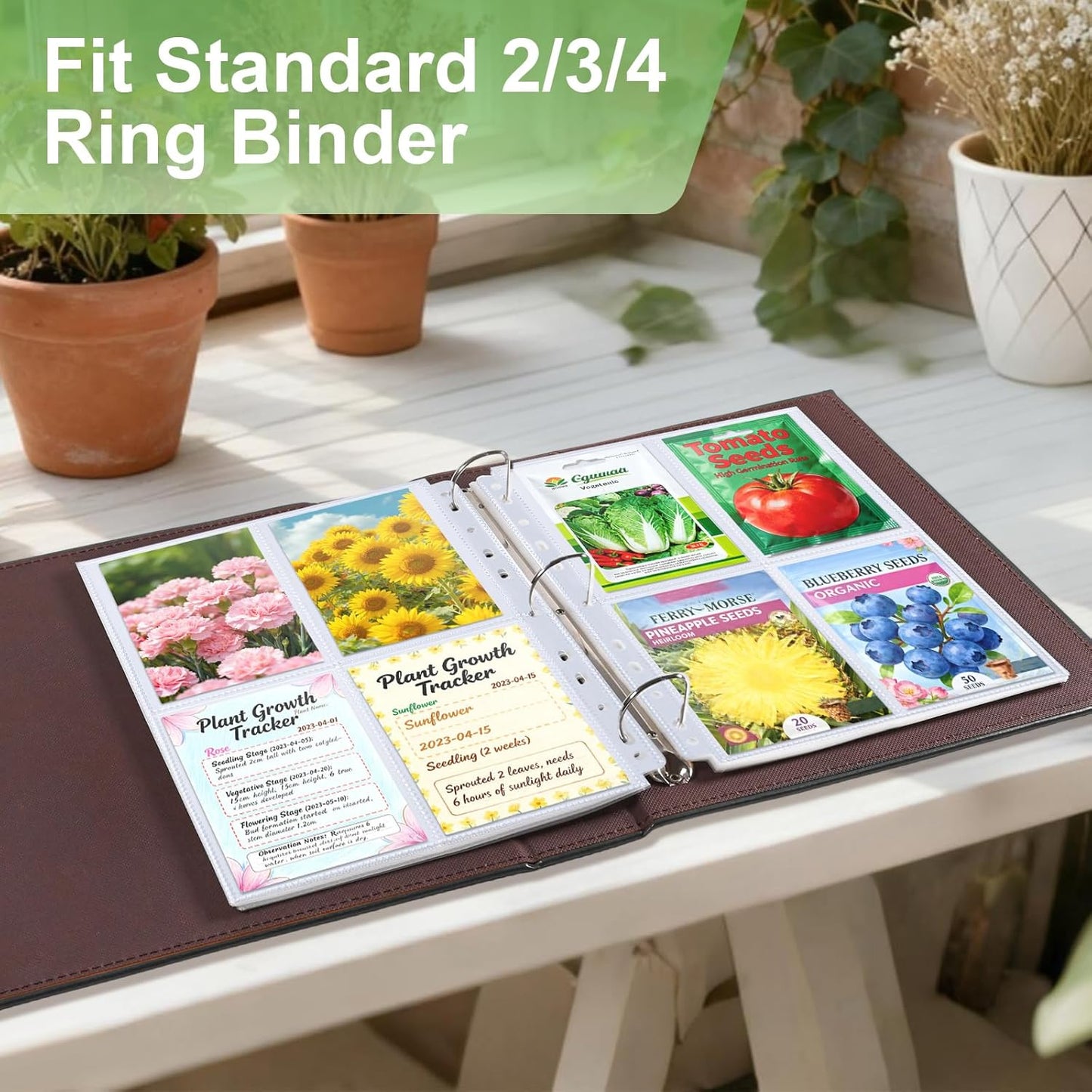A4 3 Ring Binder Garden Seeds Storage Album with 30 Pcs 3.5x5” Seed Packet Sleeves, PU Leather Hardcover Organization Book for Seed Packet，Photo, Index Card，240 Top Loading Pockets Capacity