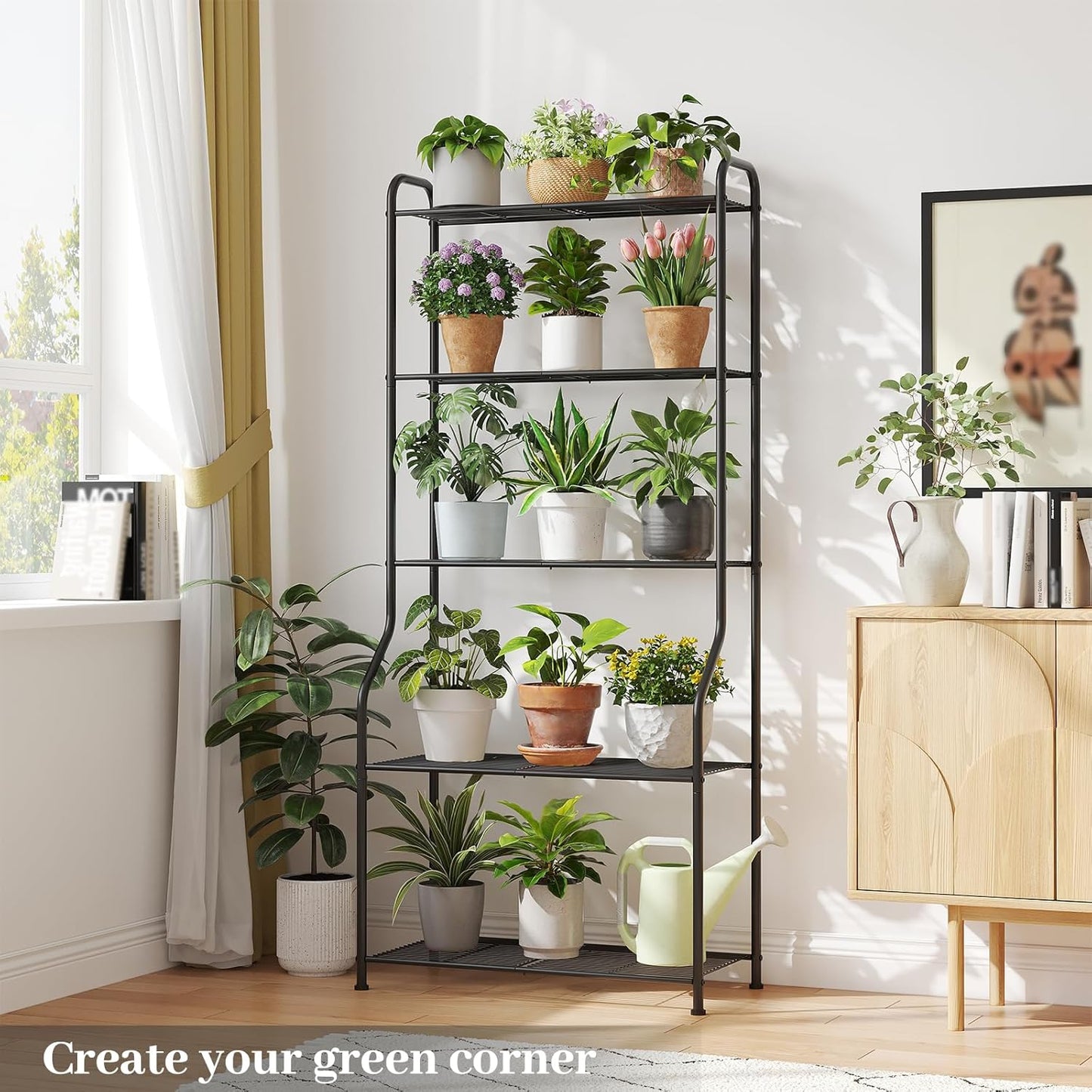 Plant Stand Indoor Outdoor for Multiple Plants, 5 Tier Tall Heavy Duty Metal Shelf, Large Flower Pot Holder Ladder for Garden, Patio, Living Room, Balcony, Black