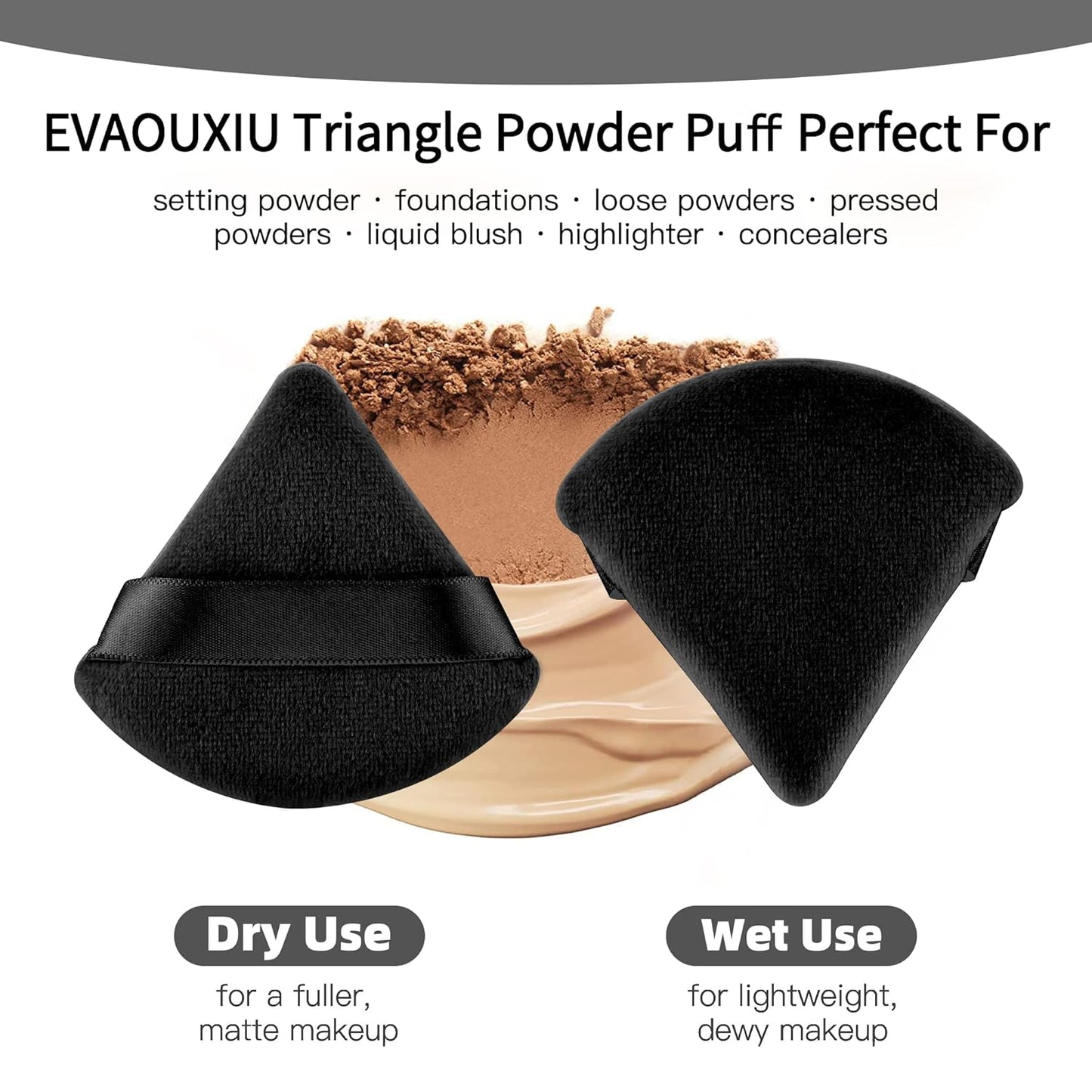 2 Pcs EVAOUXIU Triangle Powder Puff for Face Powder, Soft Plush Setting Makeup Puff, Velour Cosmetic Foundation Blender Sponge Beauty Makeup Tools (Black)