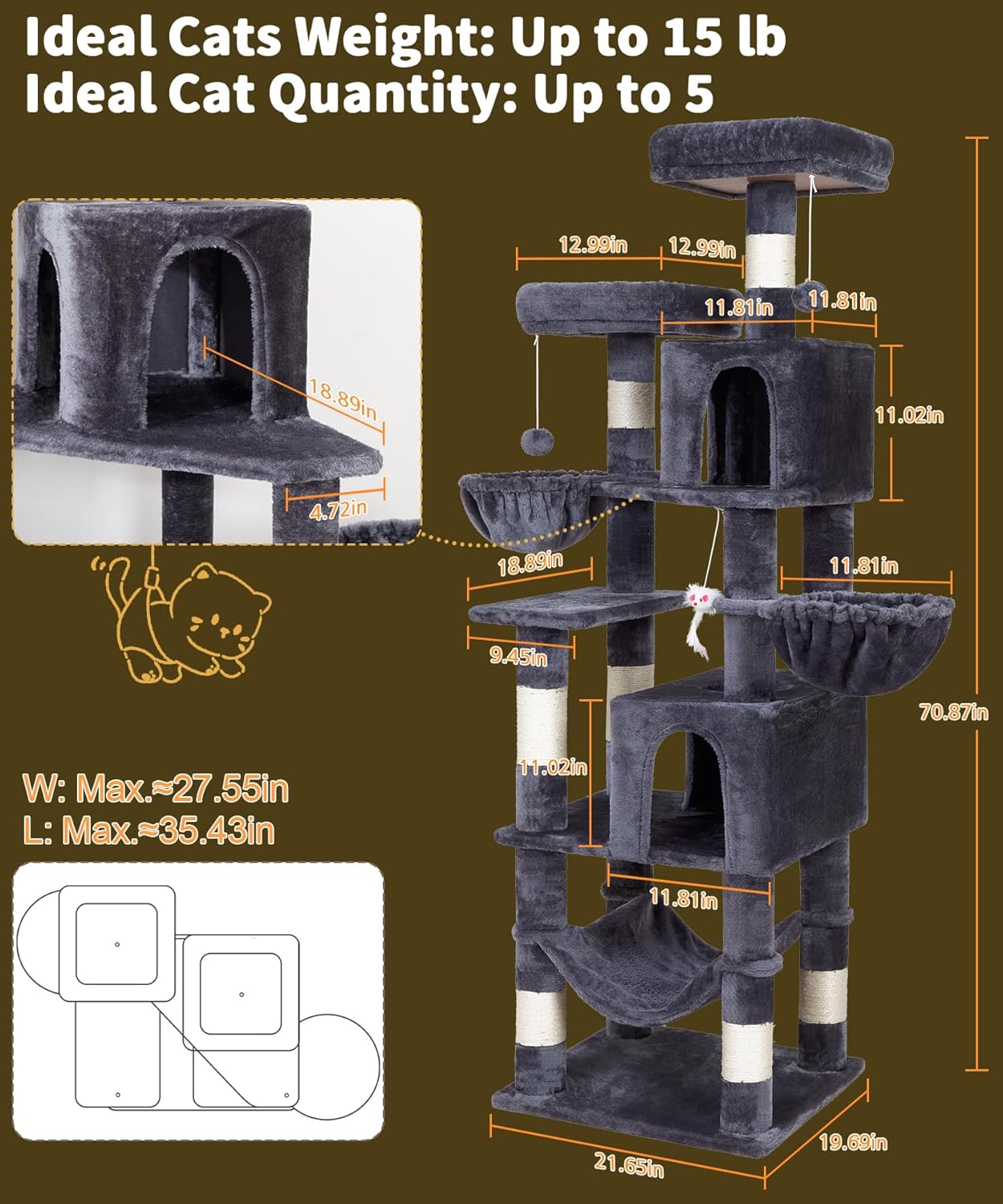 AMHANCIBLE Tall Cat Tree, 70 Inch Cat Tower for Indoor Cats, Multi-Level Cat Tree with Scratching Post, Hammock, Hanging Basket, Large Cat Condos for Adult Cats Kittens, Dark Grey, PT18DG