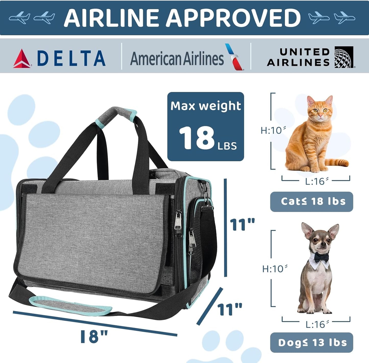 Soft-Sided Pet Carrier for Air Travel 18x11x11 Inch - Underseat Cabin Carry Bag for Small Cats & Dogs Under 15 lbs