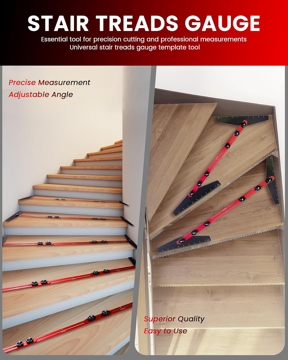 TANYO Stair Tread Template Tool, 8" to 60" Aluminum Stair Tread Jig for Accurately Measuring Angle, Length & Depth. Precision Stair Gauge Measuring Tool for Stairs, Floor, Cabinets