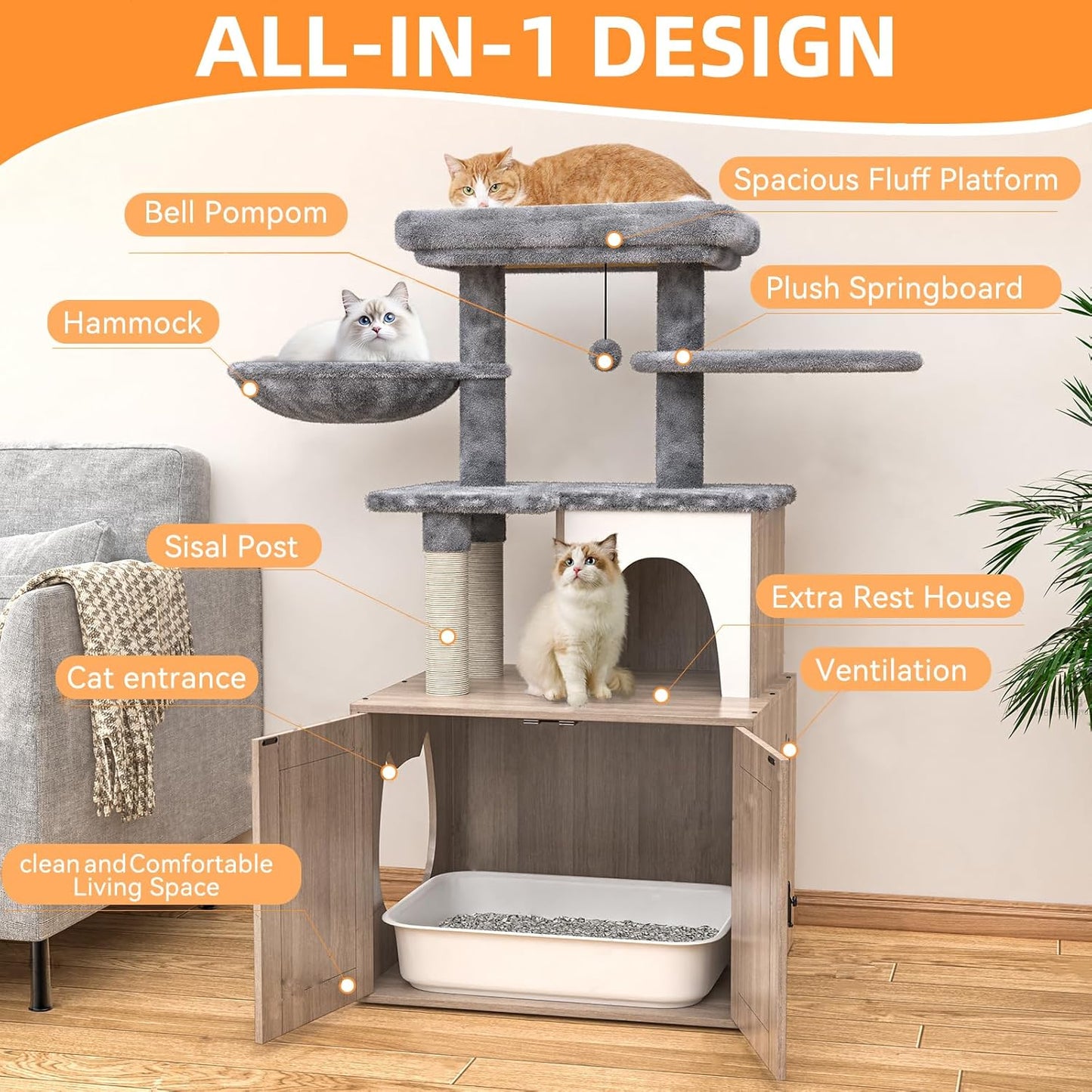 HavenlyYouth Litter Box Enclosure with Cat Tree,Cat Tree with Litter Box Enclosure,Hidden Pet Washroom Furniture with Sisal Scratching Post,Hammocks,Condo,Multiple Platform,Soft Plush Perch, Grey