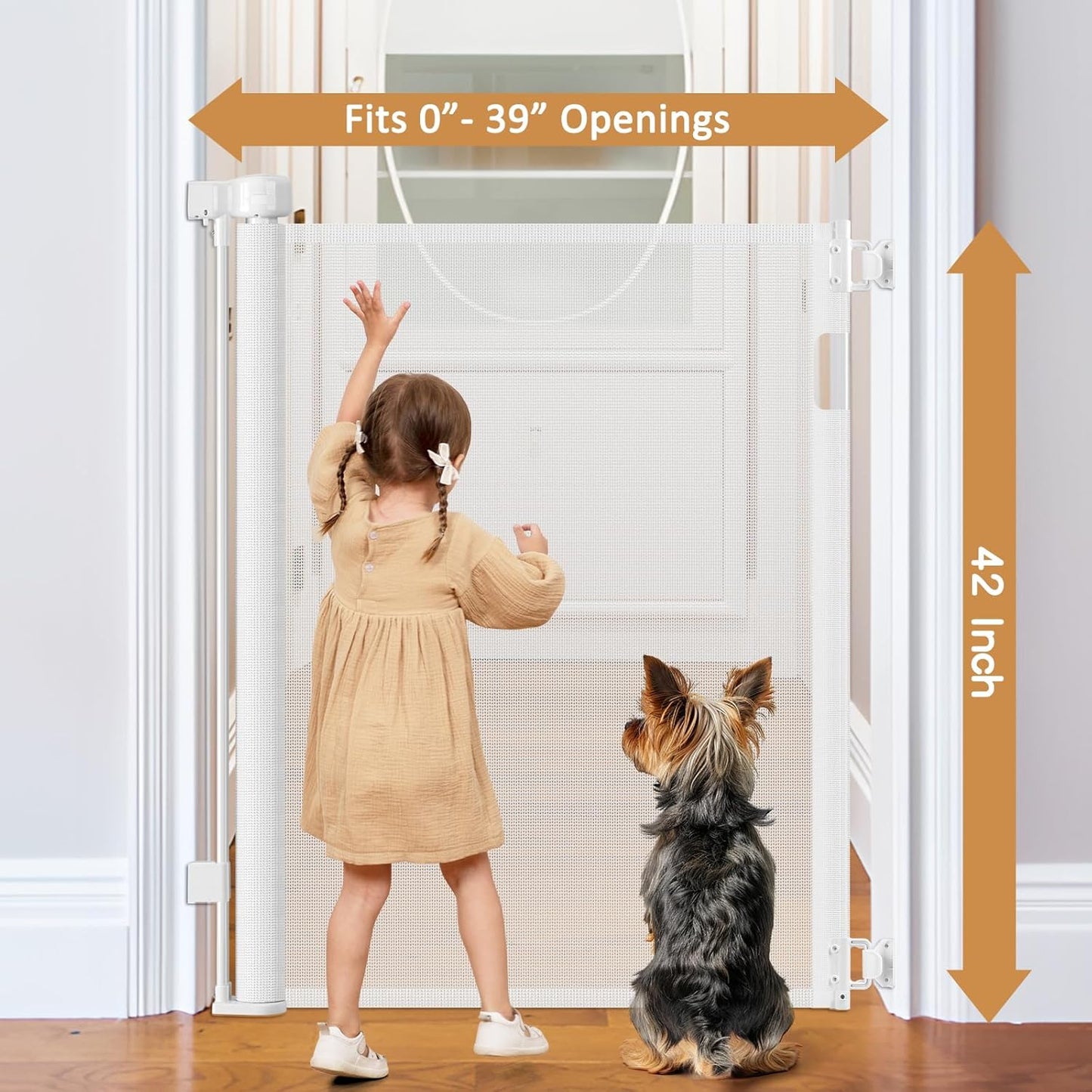 42 Inch Extra Tall Baby Gate 0"-39" Wide Narrow Pet Gate Tall Retractable Baby Gates for Dogs Mesh Dog Gates Indoor Pet Gate for Stairs Doorways Hallways, White