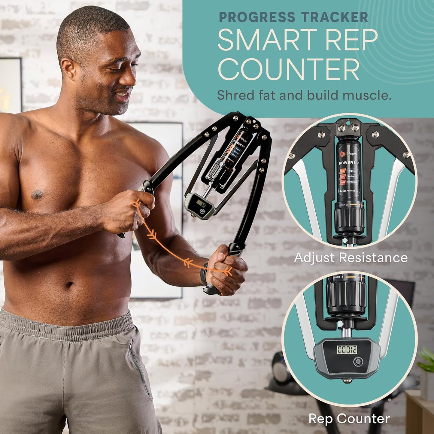 Lifepro Shredforce Hydraulic Power Chest Expander and Arm Twister Trainer Exerciser - Adjustable 22-440lb Resistance, Smart Rep Counter - Home Gym Workout Equipment for Upper Body Strength Training