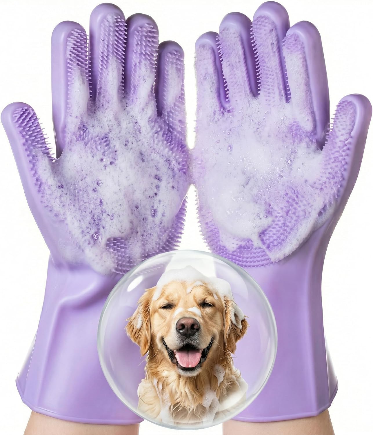 DELOMO Pet Grooming Gloves 1 Pair: Soft and Gentle Silicone Dog Washing Gloves - Bathing Scrubber Brush Mitt Grooming Shedding Fur Removal Massage for Dogs/Cats/Horse, Purple
